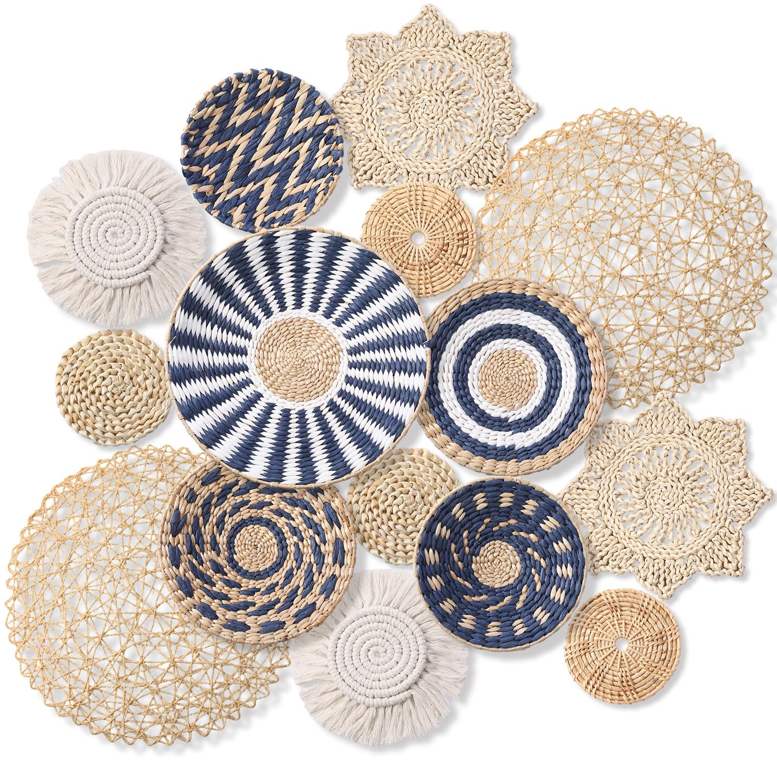 Anglechic 15 Pcs Boho Wall Basket Decor Woven Rattan Seagrass Wall Decor Hanging Rustic Farmhouse Western Art Decoration for Nursery Living Room