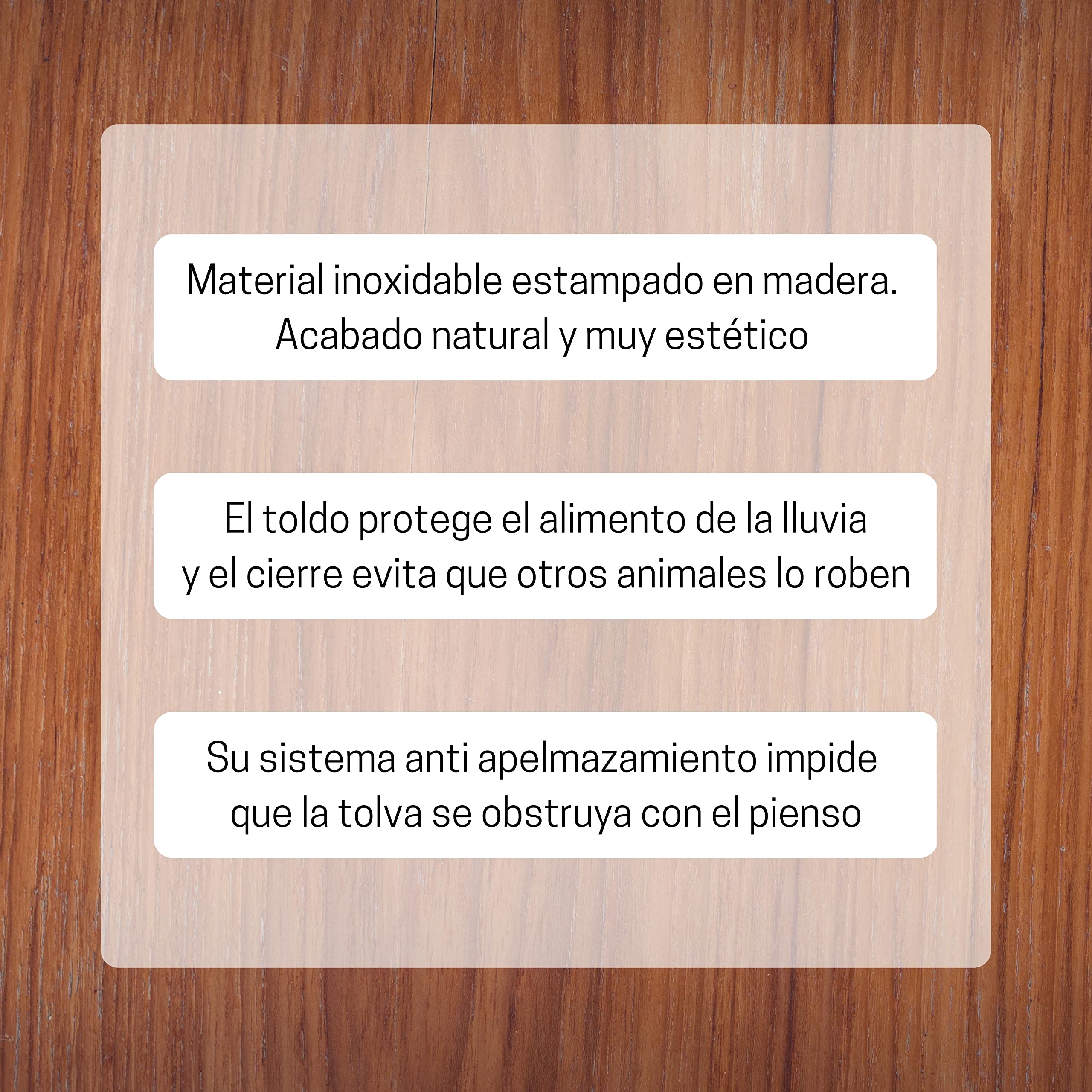 Tolva para Aves de Corral - Chapa Imitación Madera, Muy Estética en tu Aviario - Comedero para Gallinas Capacidad 20L - con Visera Antilluvia para Proteger el Pienso