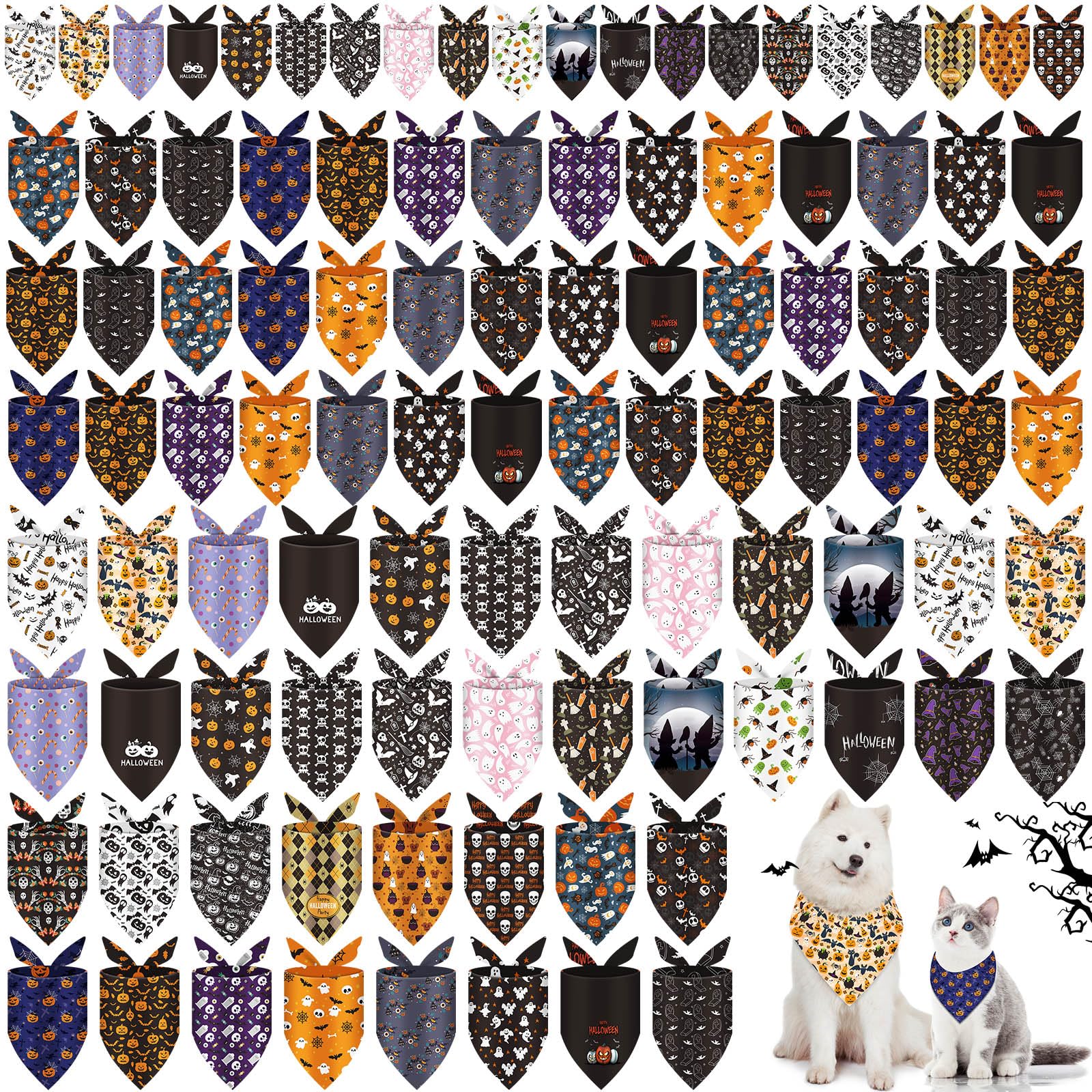 Huhumy 100 Pcs Halloween Dog Bandanas Bulk 3 Sizes Dog Washable Bandana Adjustable Washable Pumpkin Scarf for Halloween Holiday Small Medium Large Pet