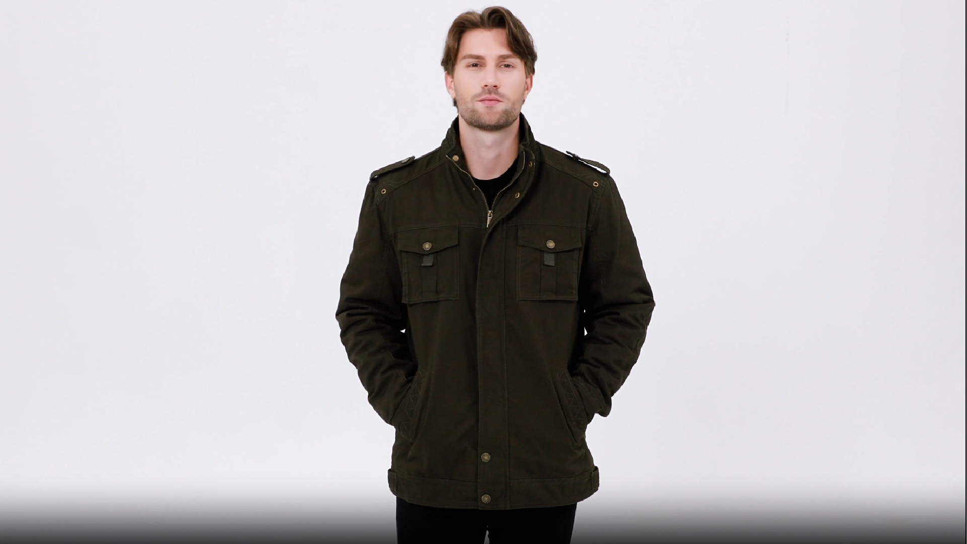 WenVen Men's Winter Cotton Stand Collar flannel Military Jacket