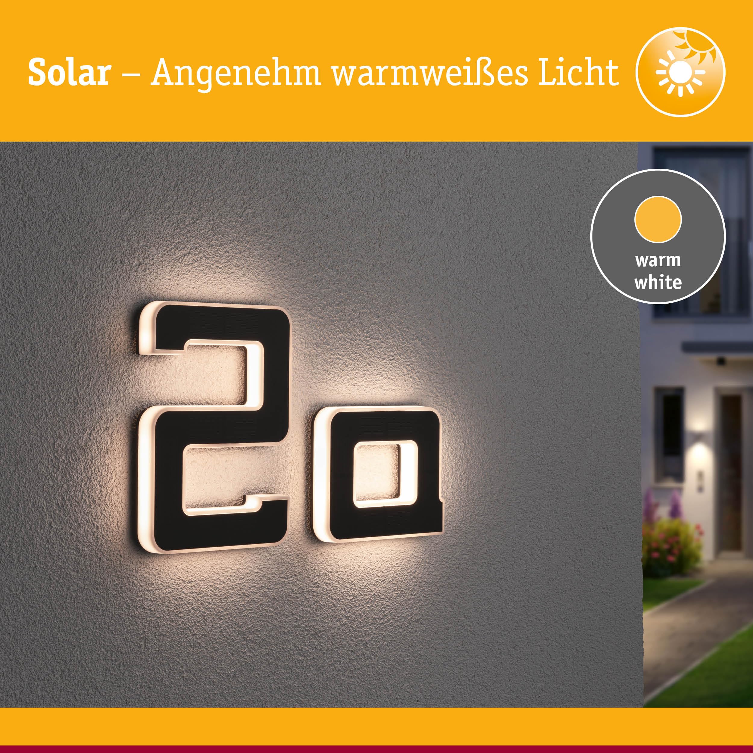 Paulmann 94650 LED Solar Hausnummer A IP44 Warmweiß Akku wechselbar incl. 1x0,2 Watt Solarleuchte Schwarz Solarlampe Kunststoff Solarlicht 3000 K