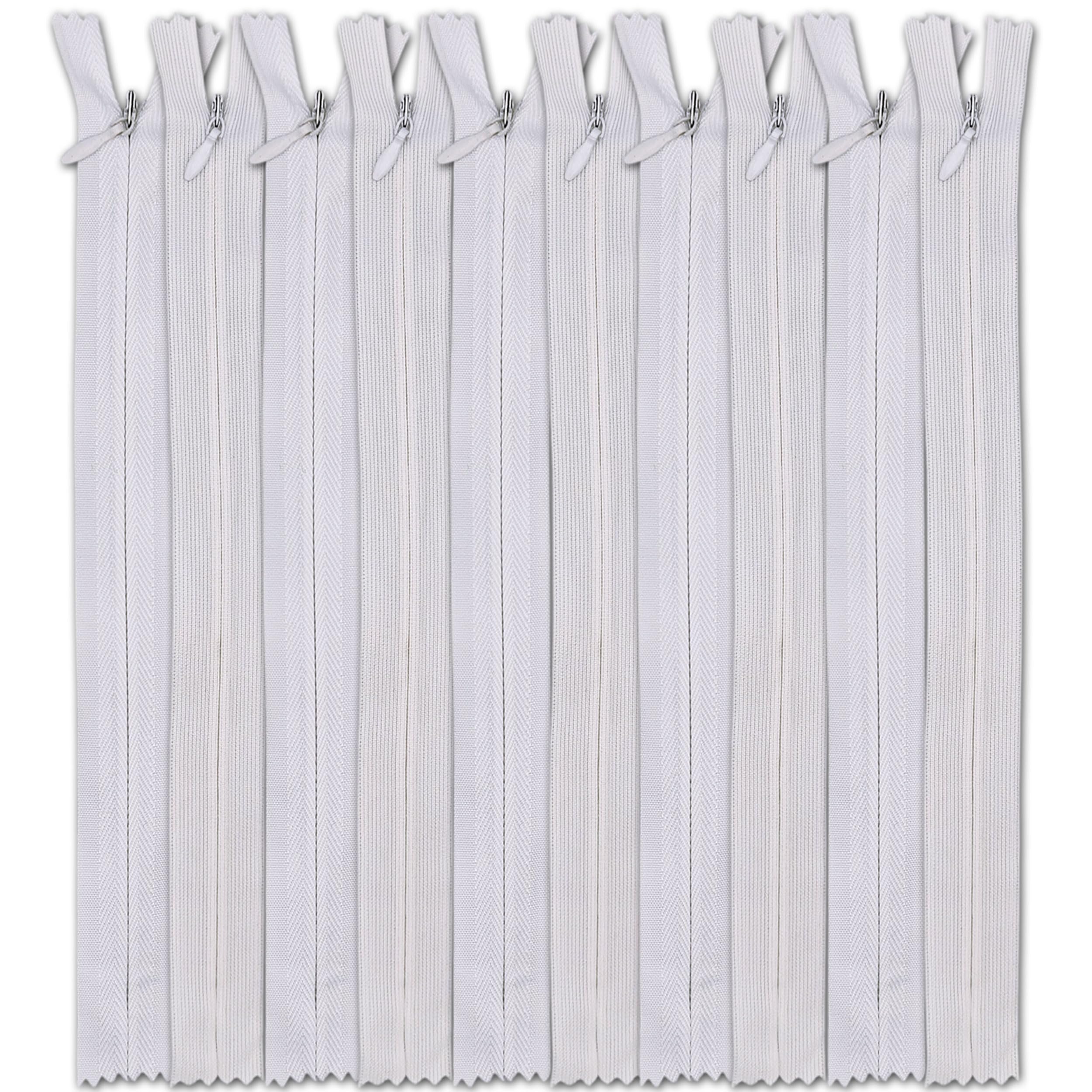 Set of 10 Invisible Zips 9” White | Closed-End Coil Zip 22cm Long with Single Slider Size #3 | Hidden Nylon Zip for Skirts, Dresses, Trousers DIY Repair, Tailoring | Replacement Zipper