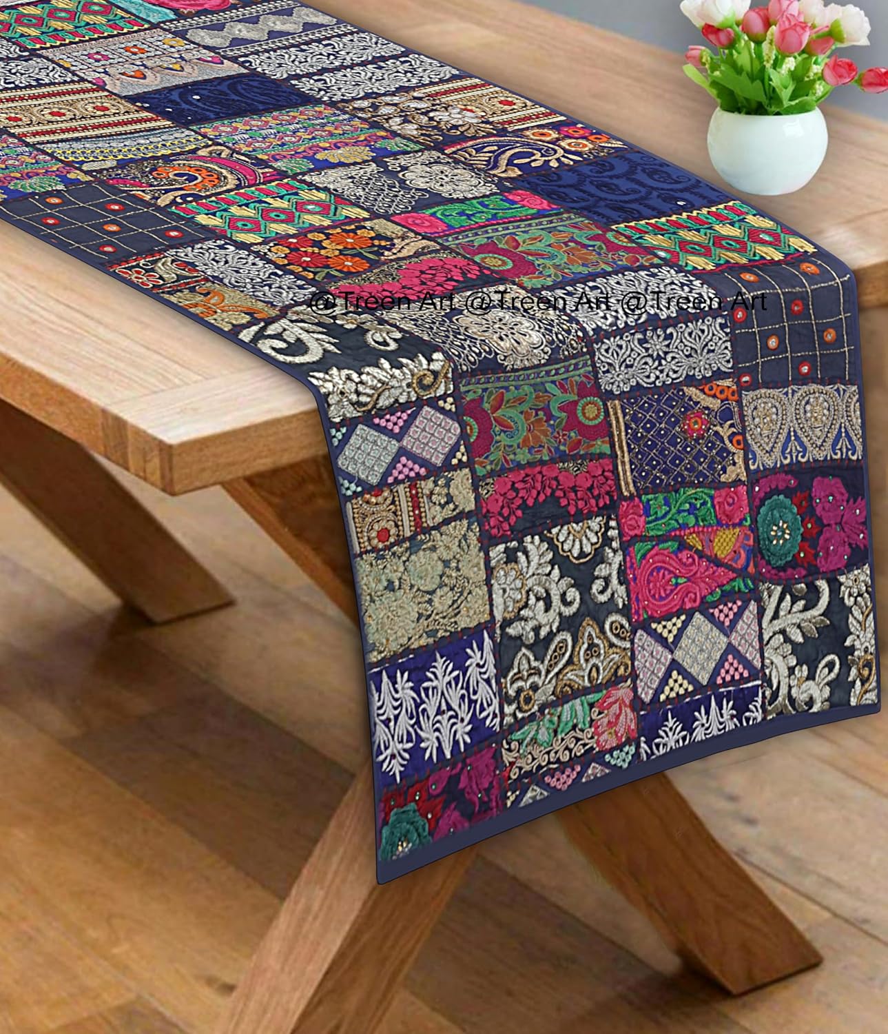 Treen ArtNew Linen Table Runner Ethnic 100% Cotton Embroidered Handcrafted Home Decor Long Patchwork Dining Table Cloth (Blue, 16"" W x 72"" L)