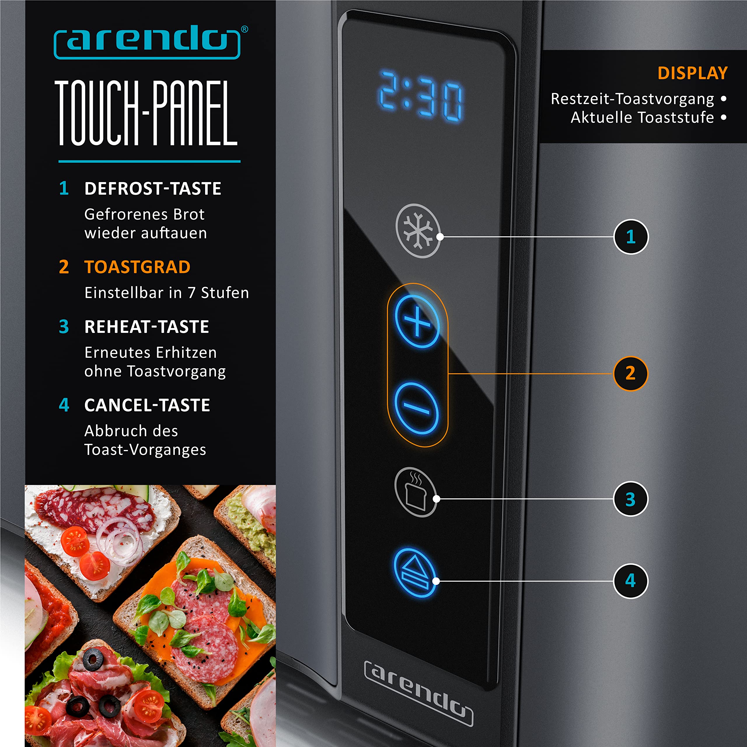 Arendo - Edelstahl Toaster Langschlitz 4 Scheiben- Touchscreen – Doppelwandgehäuse – 1500 W – Integrierter Brötchenaufsatz – 7 Bräunungsgrade – Brotzentrierung – Restzeitanzeige – Memoryfunktion