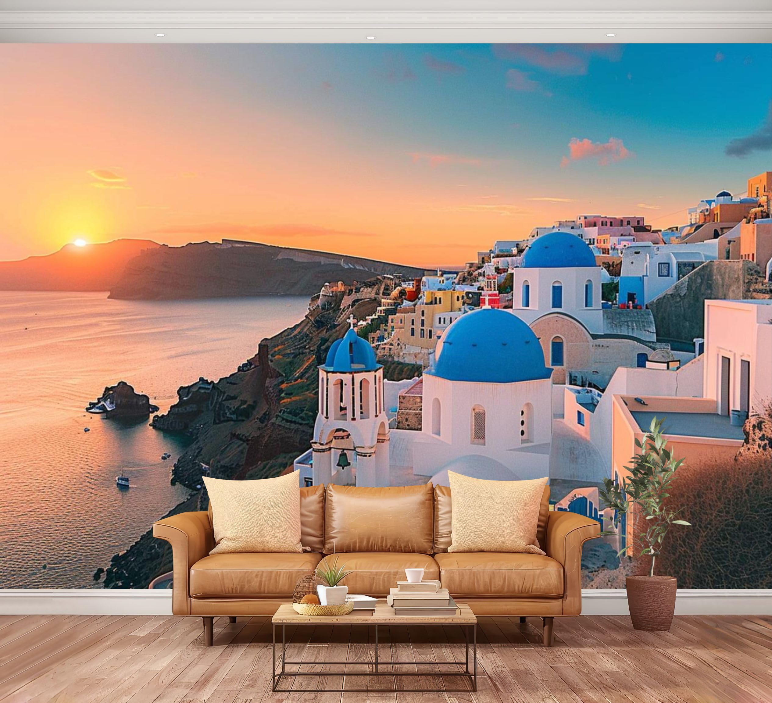 NIVFOEASC Wall Mural Peel and Stick Oia Sunset Santorini Greece Large Wallpaper Self Adhesive Contact Paper Removable 3D Wall Sticker for Living Room Bedroom 94"x132"