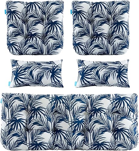 ARTPLAN Cojines de exterior para sofá de dos plazas de mimbre con lazo, cojines de patio copetudos, 2 en forma de U, juego de 5 piezas, 44 x 19