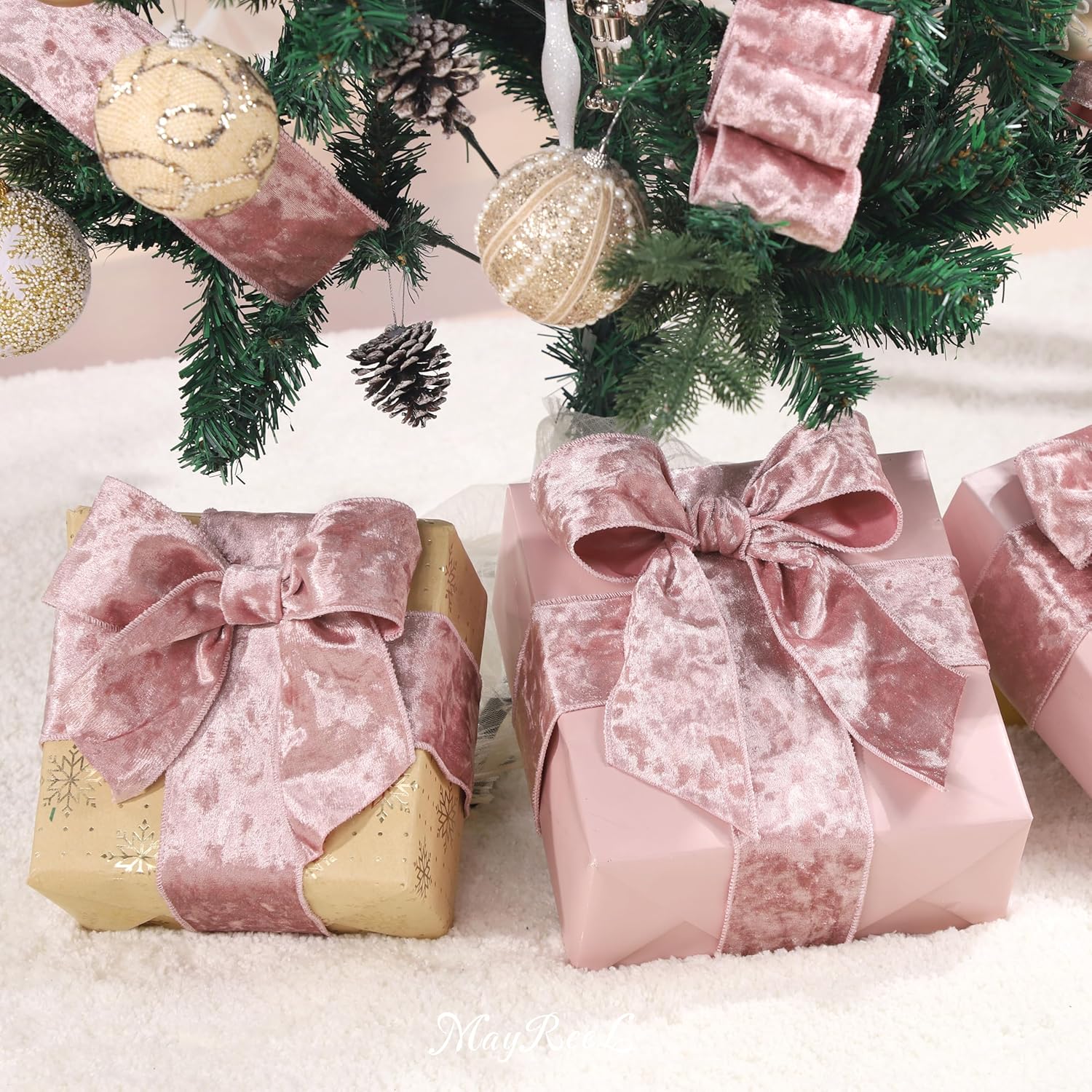 MAYREEL 2.5 Inch Pink Crushed Velvet Ribbon Wired for Christmas Decorations Gift Wrapping Wreaths Tree Toppers 10 Yards