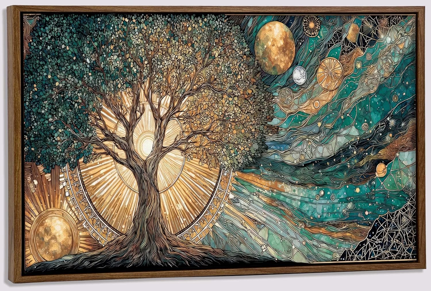 Large Framed Tree Of Life Wall Art Green Gold Abstract Wall Decor Sun And Moon Picture Painting Modern Landscape Nature Canvas Prints For Meditation Corner Yoga Room Living Room Bedroom 40x20in