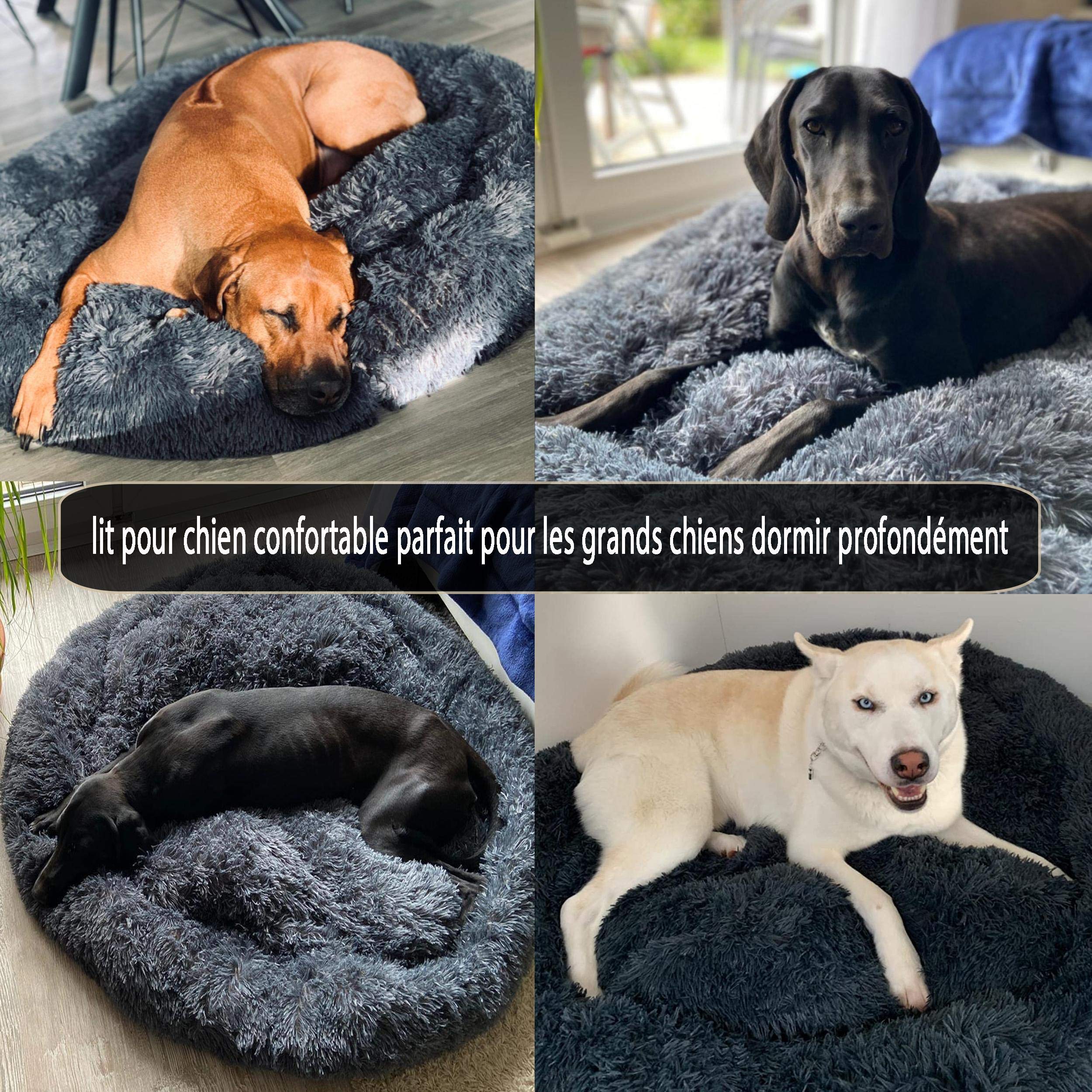 Coussin Chien Anti Stress XXXL,Lit Moelleux Rond pour Chien XL,Panier pour Chien Moyen Taille,Puppy Love Panier Chien Orthopedique,Tapis Chien XXL Grande Taille Lavable Apaisant Gris foncé