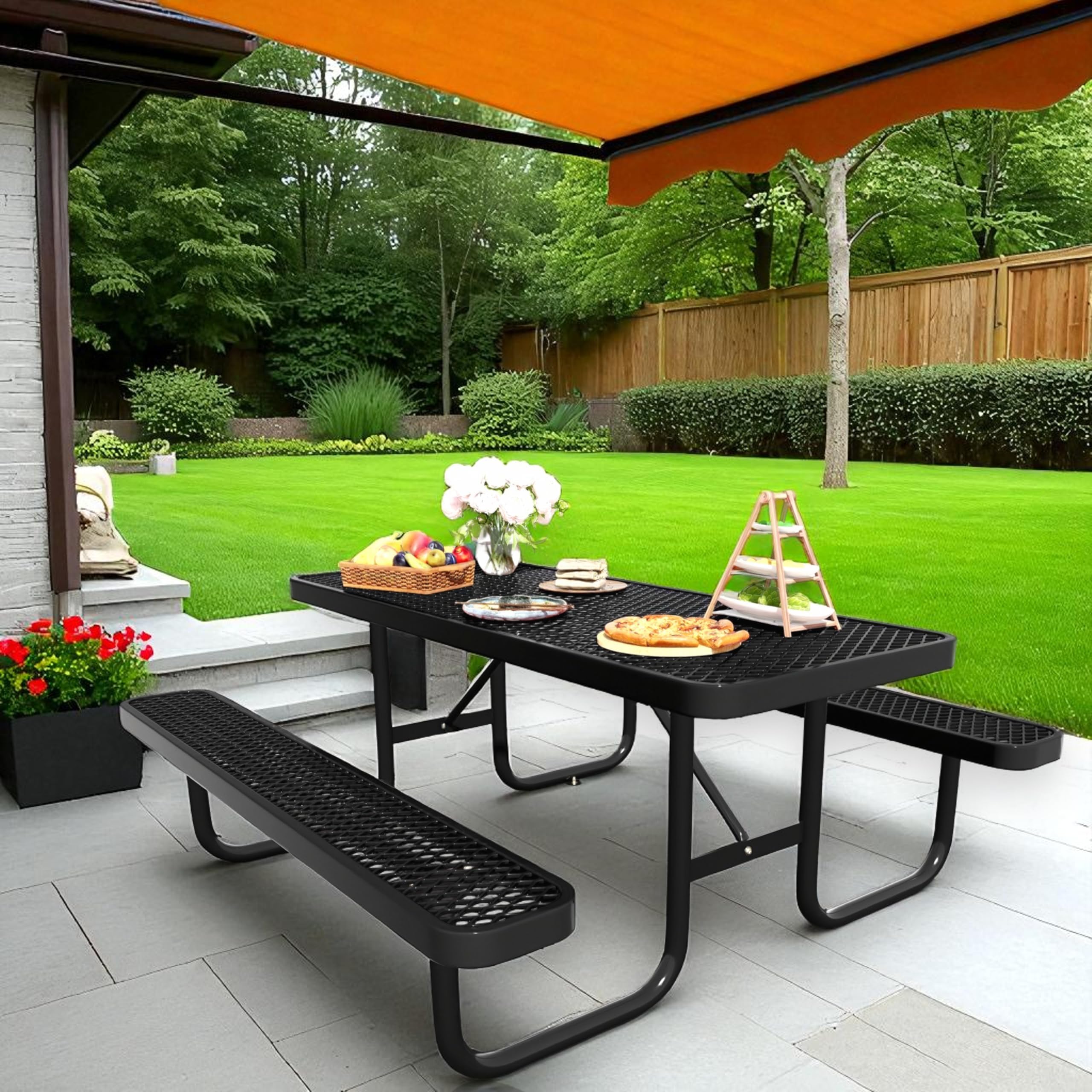 4FT & 6FT Outdoor Picnic Table, Rectangle Metal Picnic Table with Benches, Heavy-Duty Steel for Patio Garden Park Camping - Commercial & Residential Use, Weather Resistant, Easy Assembly (6FT)