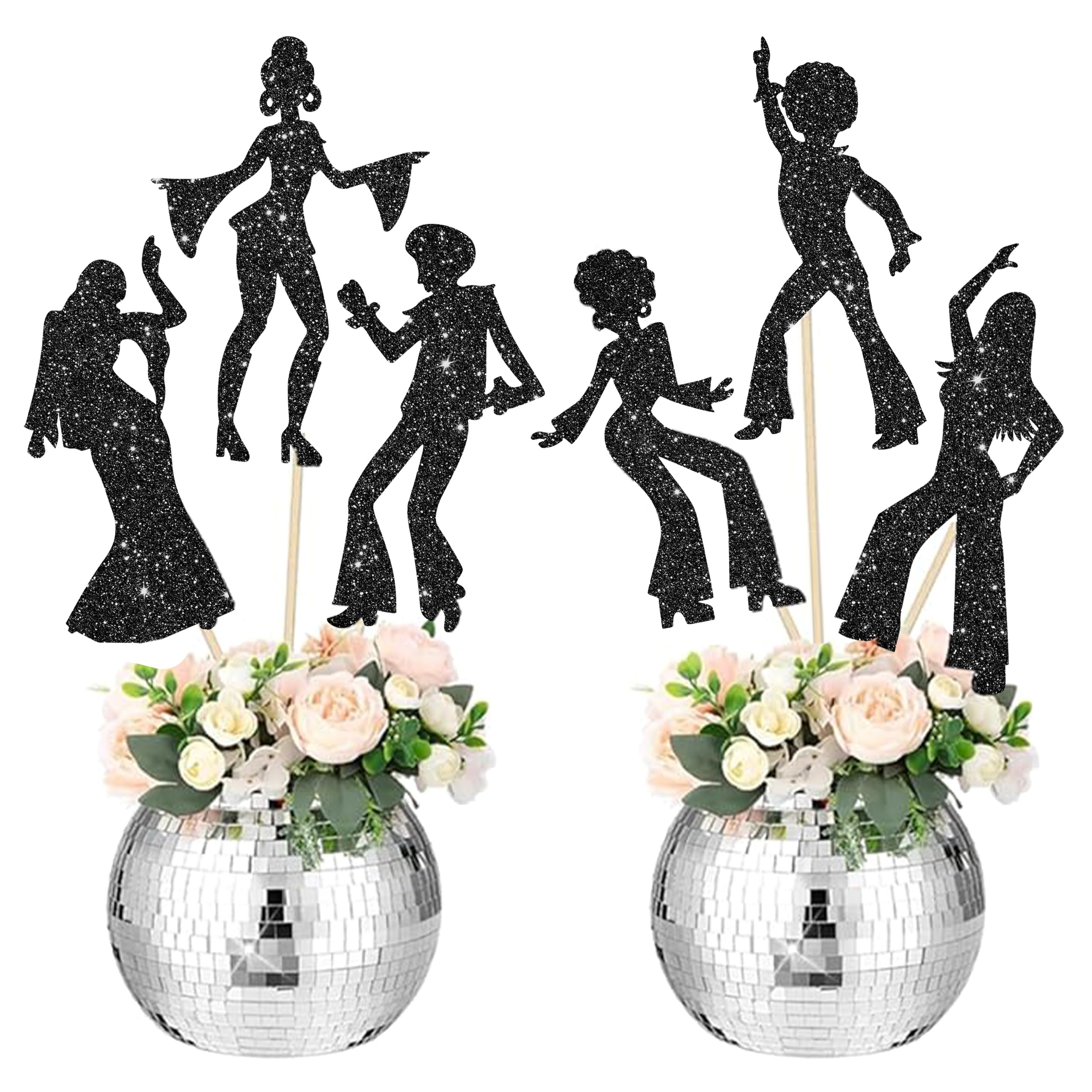12Pcs Disco Dancing Party Centerpiece Sticks 70s Disco Party Decorations Black Glitter 80's Disco Dancer Table Toppers for Disco Ball Music Theme