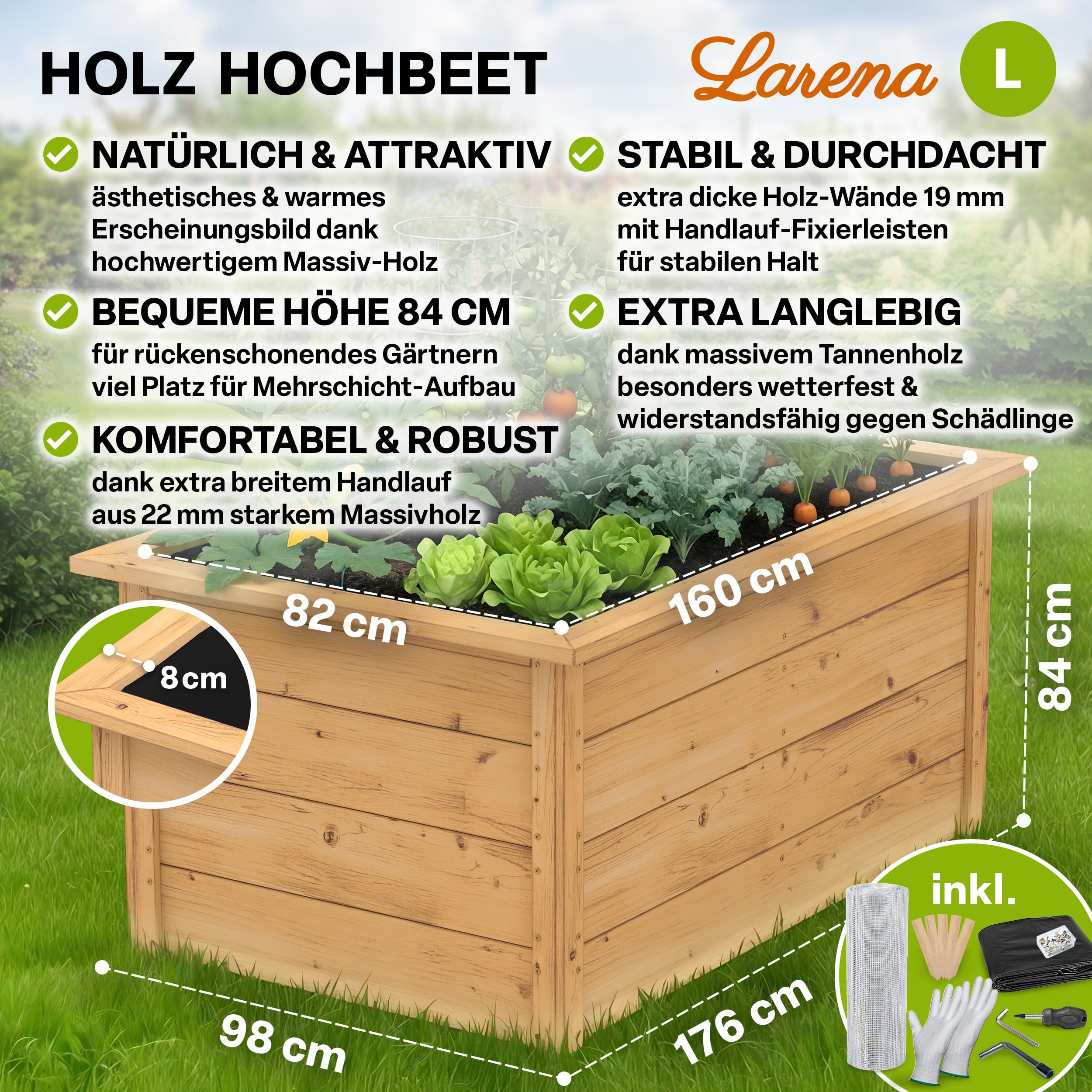 TTL GARDEN 170x90x84cm LARENA L Holz Hochbeet - Garten Hochbeet aus Holz | - Hochbeet Kit & Kräuterbeet Set Bausatz mit Wühlmausgitter Holzhochbeet wetterfest - für Gemüse Kräuter & Blumen - Braun