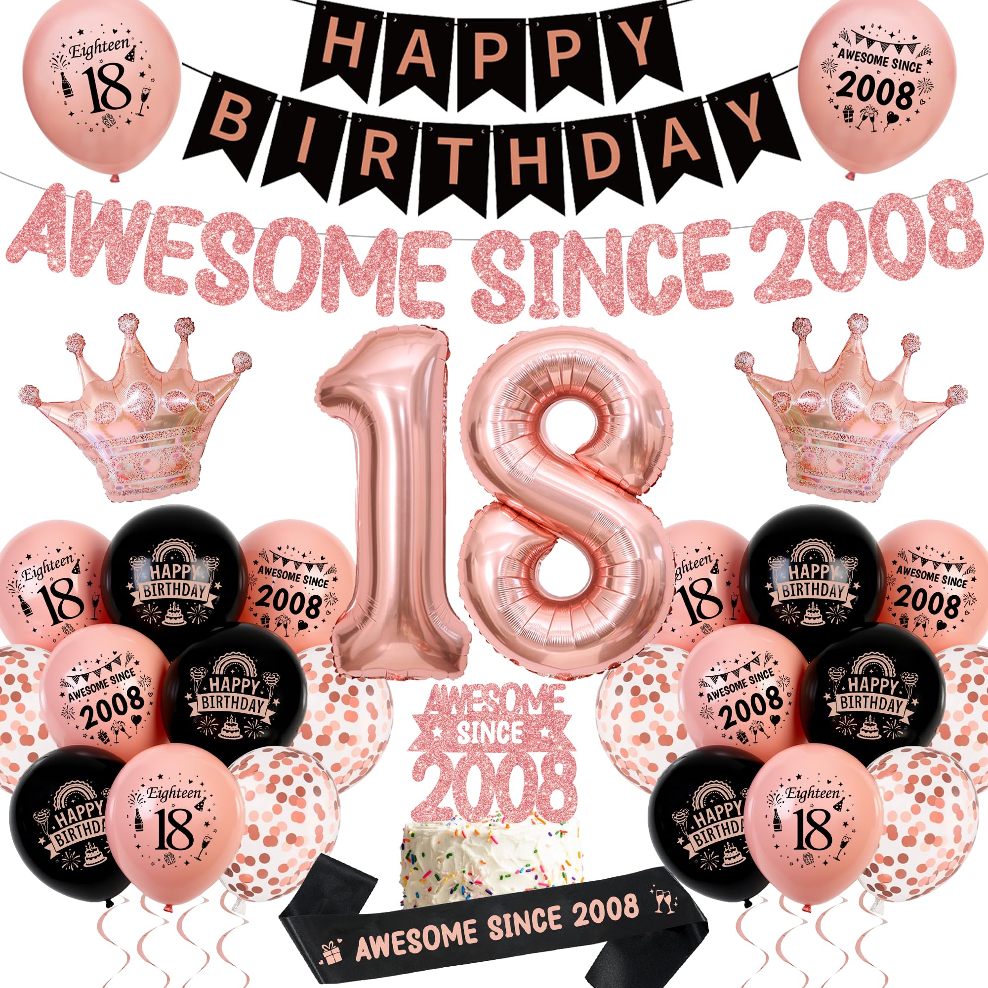 18th Birthday Decorations for Women, Awesome Since 2008 Banner Balloons