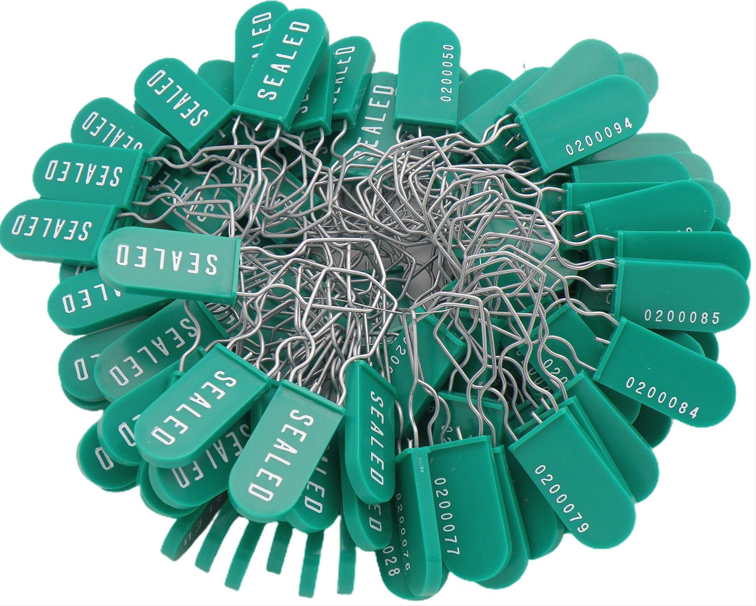 Plastic Wire Padlock Security Seals Sequentially Numbered (Pack of 100) (Green)