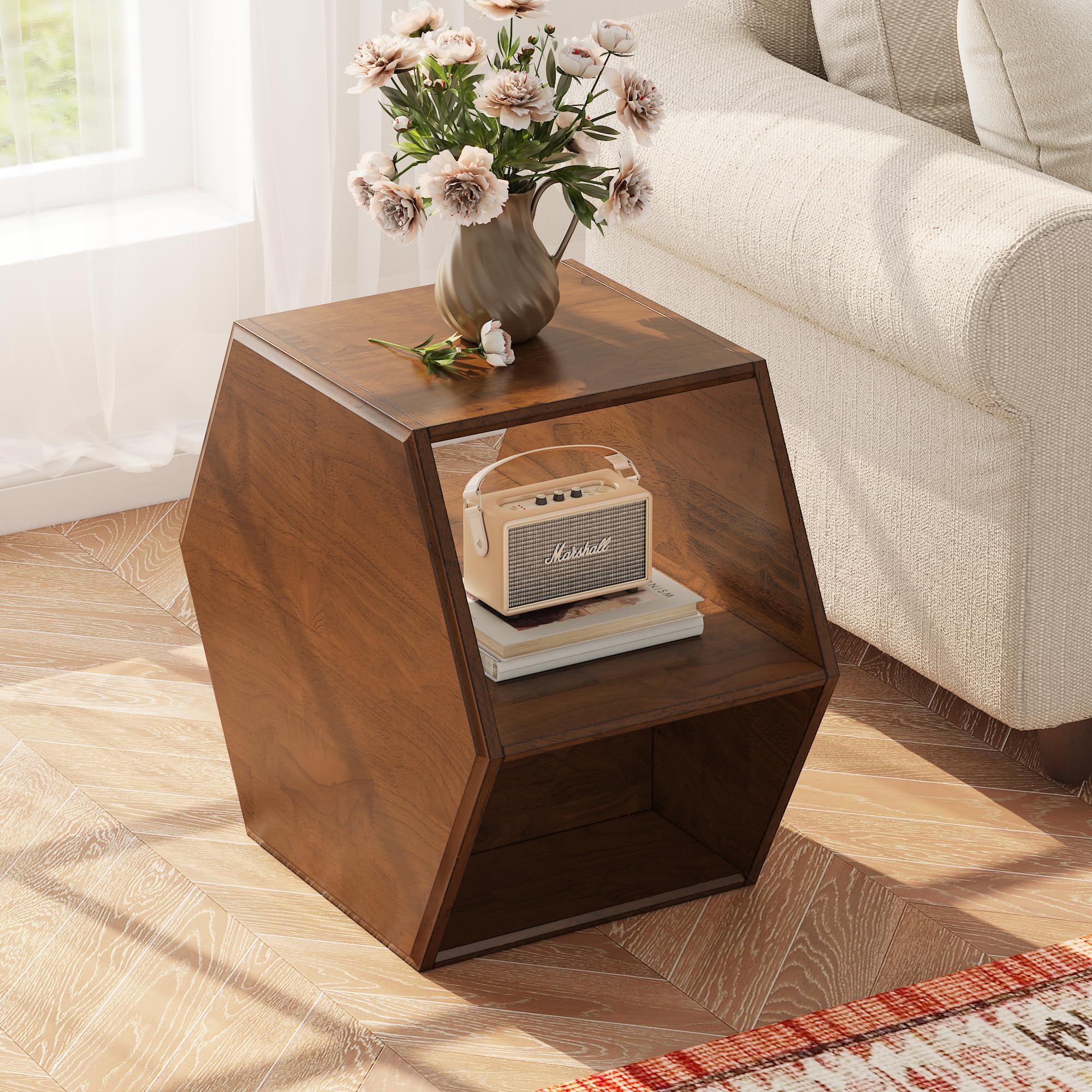 PADMA HOUSE Solid Wood Small End Table, Fully Assembled Hexagon Sofa Side Table with Ample Storage Space, Pre-Assembled Nightstand Slim Bedside Table