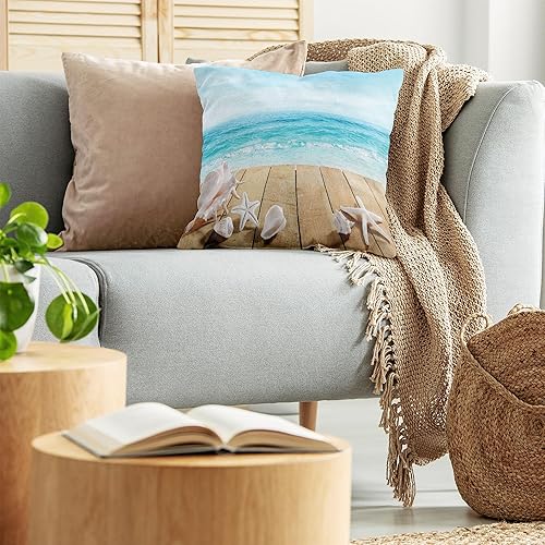 Miniatura 3 de Ambesonne Seashells - Funda de cojín de madera, paseo marítimo y conchas, sol, vacaciones de verano, temática de playa, vista panorámica, funda de