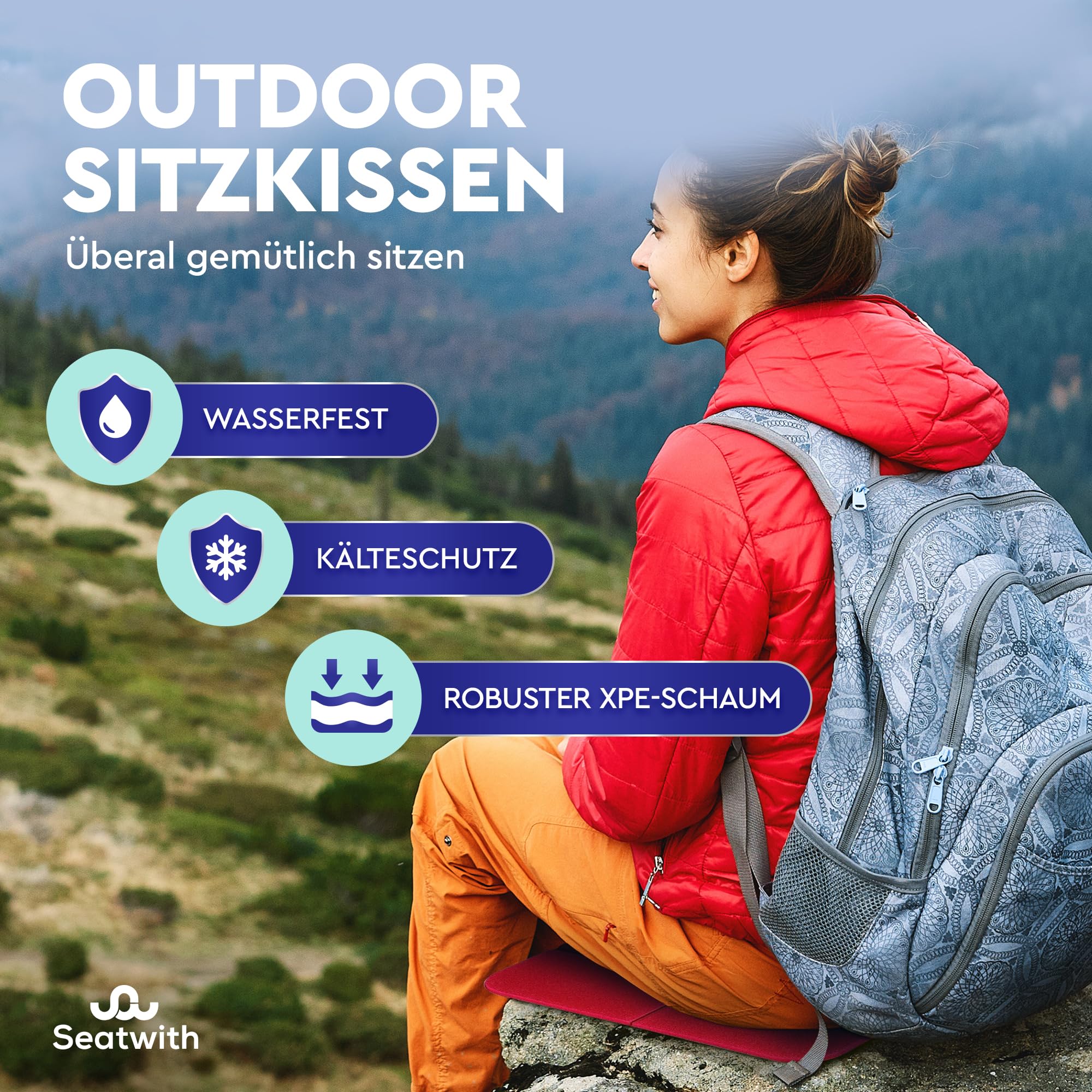 2er Set Outdoor Sitzmatte/Faltbares Iso-Thermo-Sitzkissen mit Tragetasche und Karabinerhacken für ideale Befestigung am Rucksack maximaler Schutz vor Kälte Nässe & Schmutz + Outdoor E-Book
