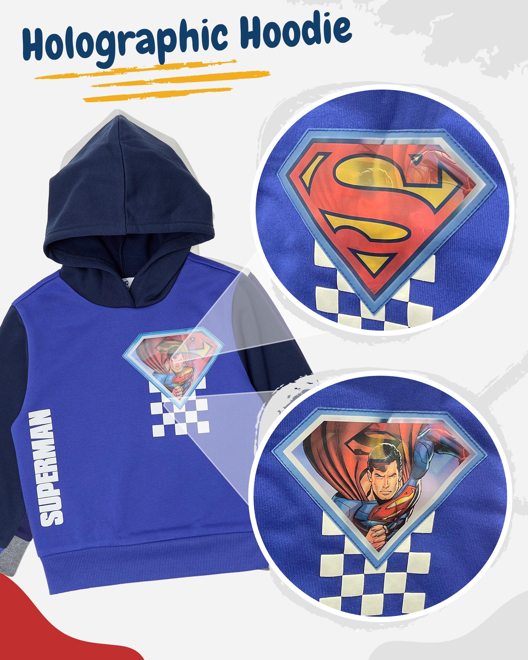 DC Comics Superman Toddler Boys’ Outfit Set - Two Piece Hoodie Sweatshirt with Holographic Patch & Cargo Jogger Pants (Blue, 7)