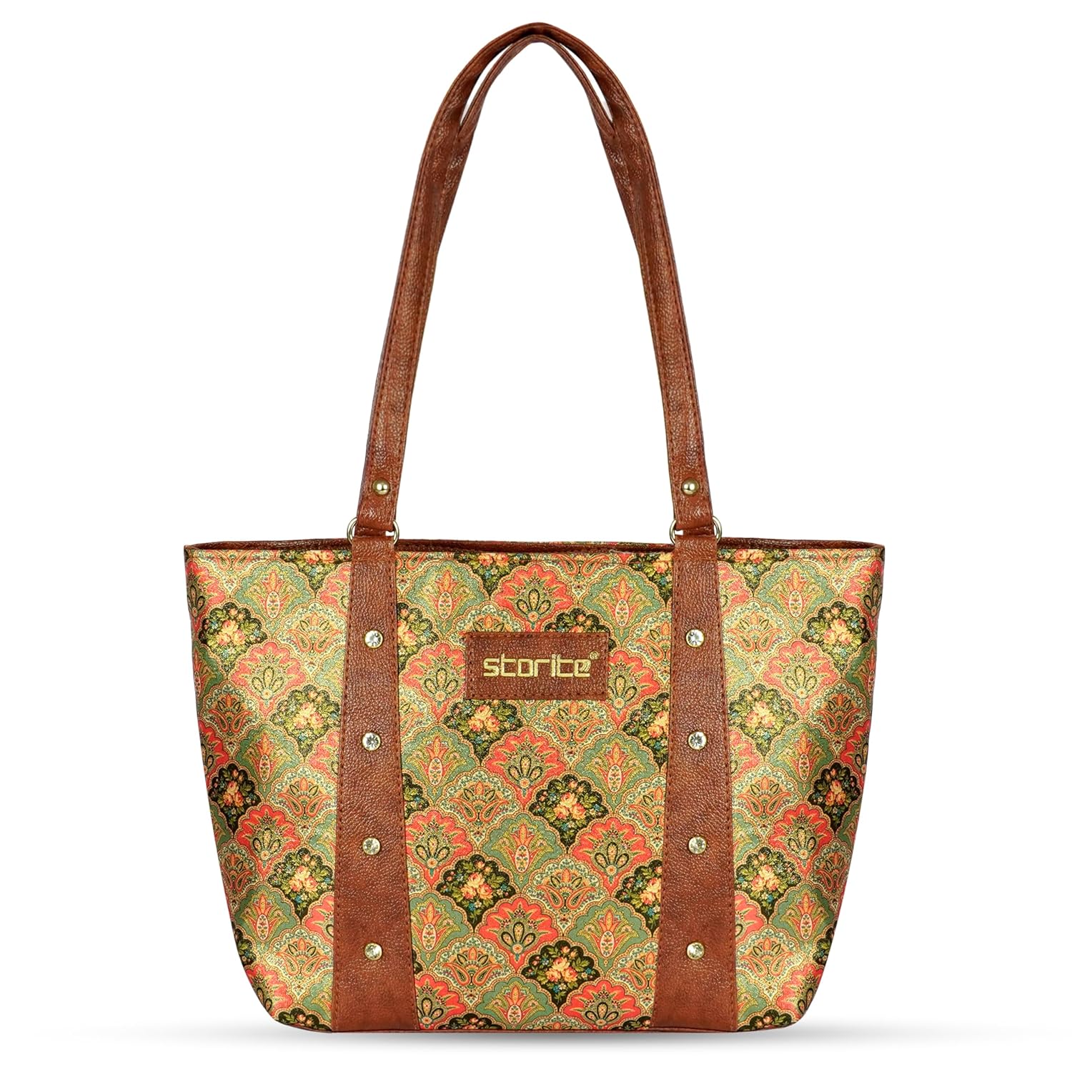 Storite Women’s Tote Bag With Leather Handles & Embroidery Printed Handbag With Zip Pockets, Shoulder Tote Bag And Handbag For Office And College(26x9x24cm)