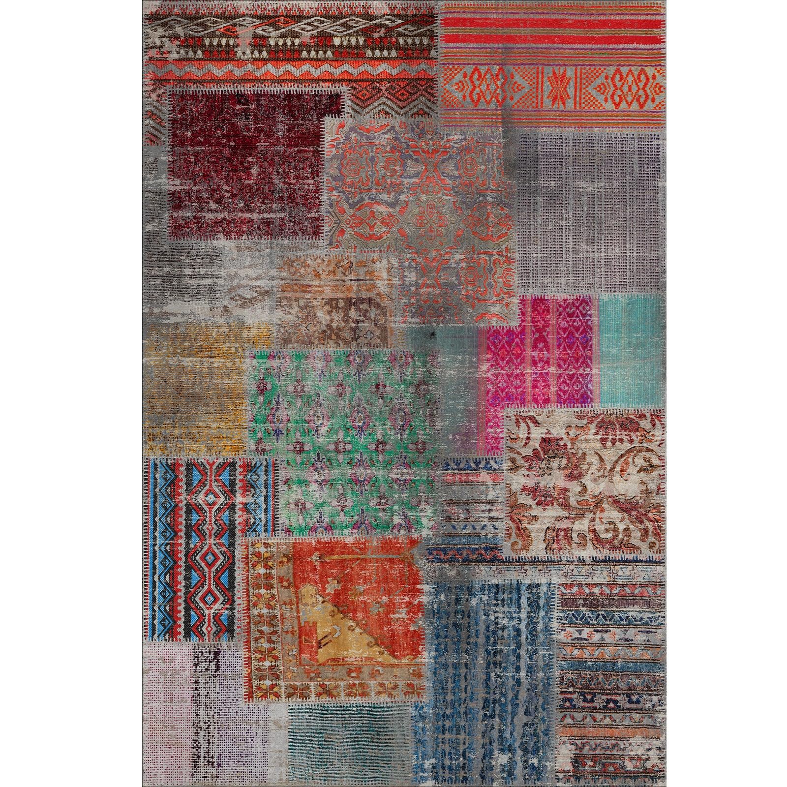 bamyum Denise Bedruckter Teppich Chenille-Druck Maschinell Hergestellt 120 x 180 cm, Waschbarer Patchwork Teppich, Vintage Schlafzimmer, Antibakteriell Antirutschunterlage Küchenteppich