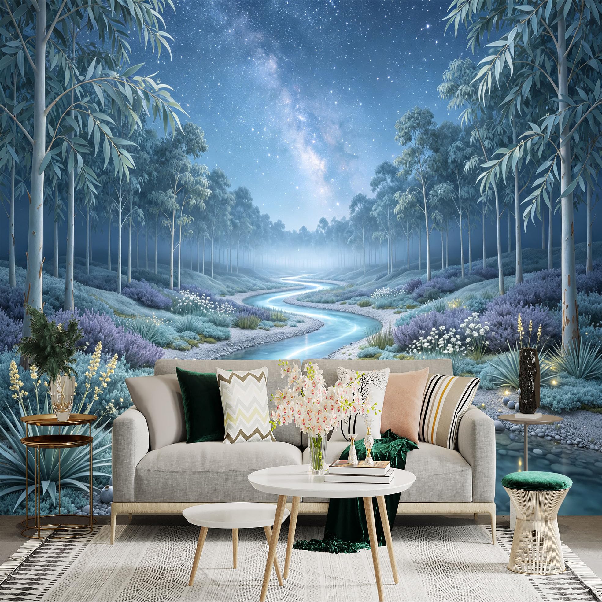 Lnzczhyre Bh260719635 Custom Size Wall Sticker Mural， Enchanted Serene River， Ethereal Forest Landscape， Starry Night Sky， For Wall Decoration， Peelandstick Wall Decals.