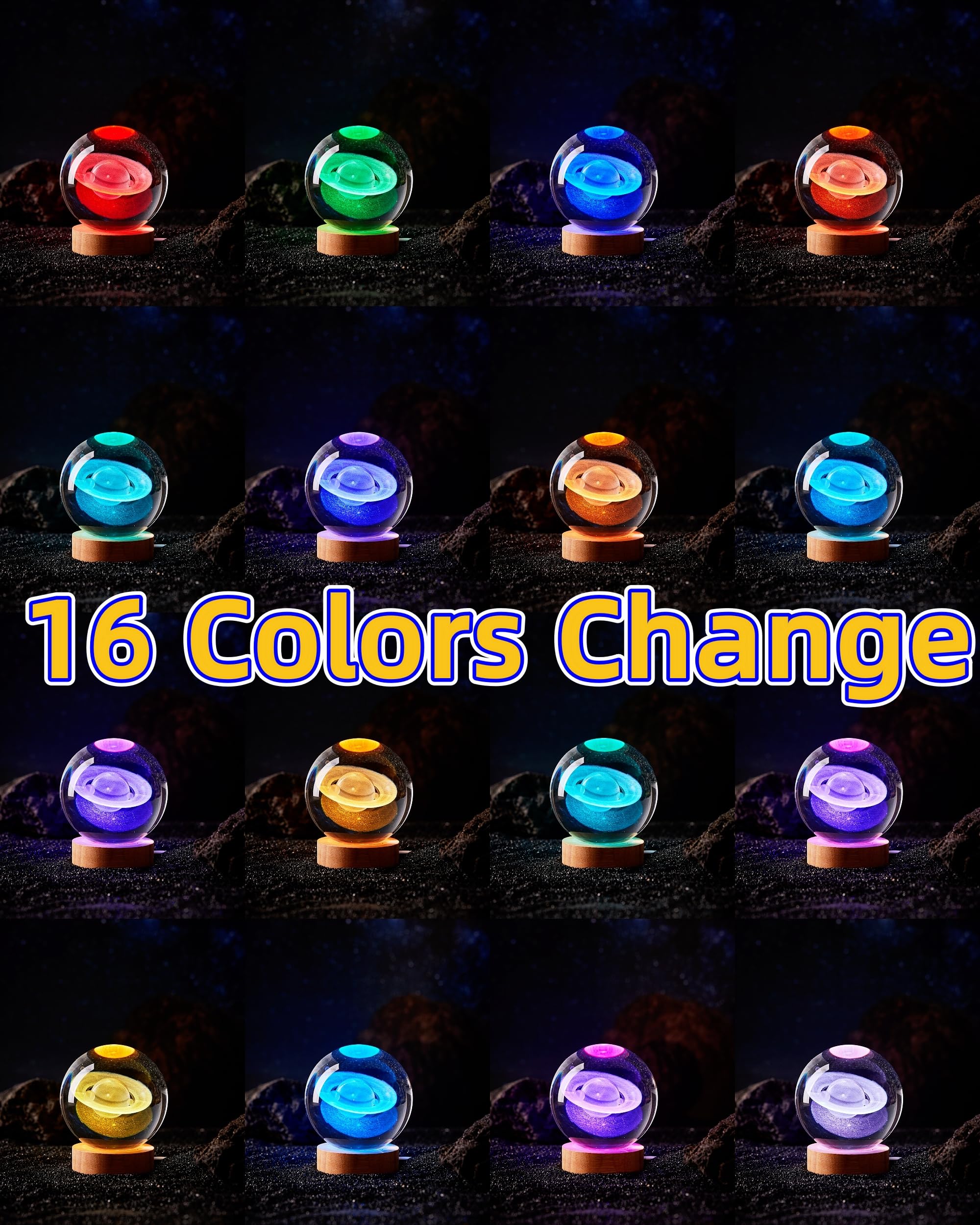 DIGFPWT 3.15 inch Saturn Crystal Ball lamp,3D K9 Solar System Crystal Ball Night Light with Wooden Base,16 Colors Change with Remote Control,Planet Model (Saturn)