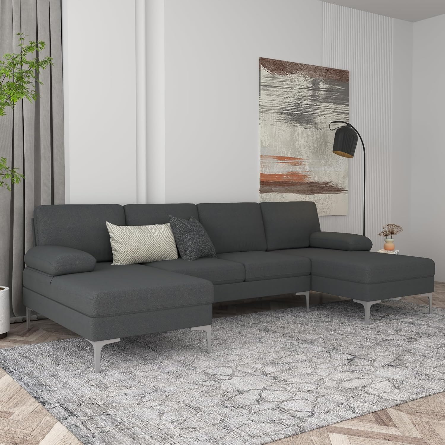 VERYKE Modern U-Shaped Sectional Sofa, 110'' Linen Fabric Couch, Upholstered Sofa Bed with Metal Legs for Home Office