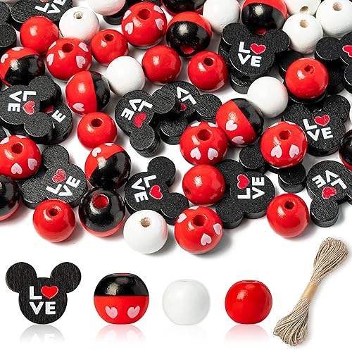 FJkuadapphn 121 cuentas de madera para el día de San Valentín, cuentas redondas de ratón rojo y negro, cuentas rústicas de madera con cordel de 65.6