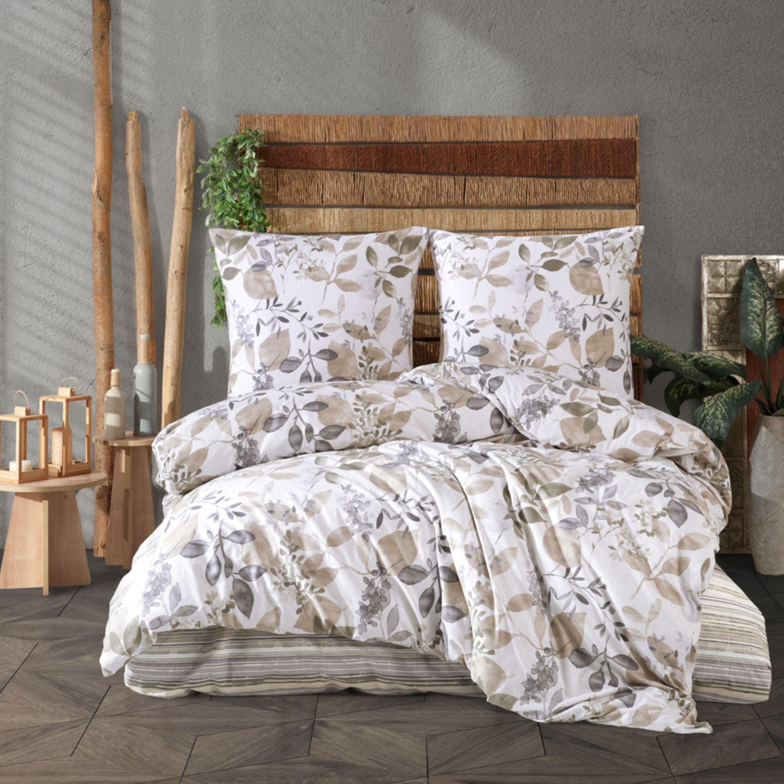 ZIRVEHOME Bettwäsche 200x200 cm 3-teilig – Azura V1 – Baumwolle Beige & Grau mit Blättermuster – Naturdesign Hautfreundlich & Atmungsaktiv Für Doppelbett
