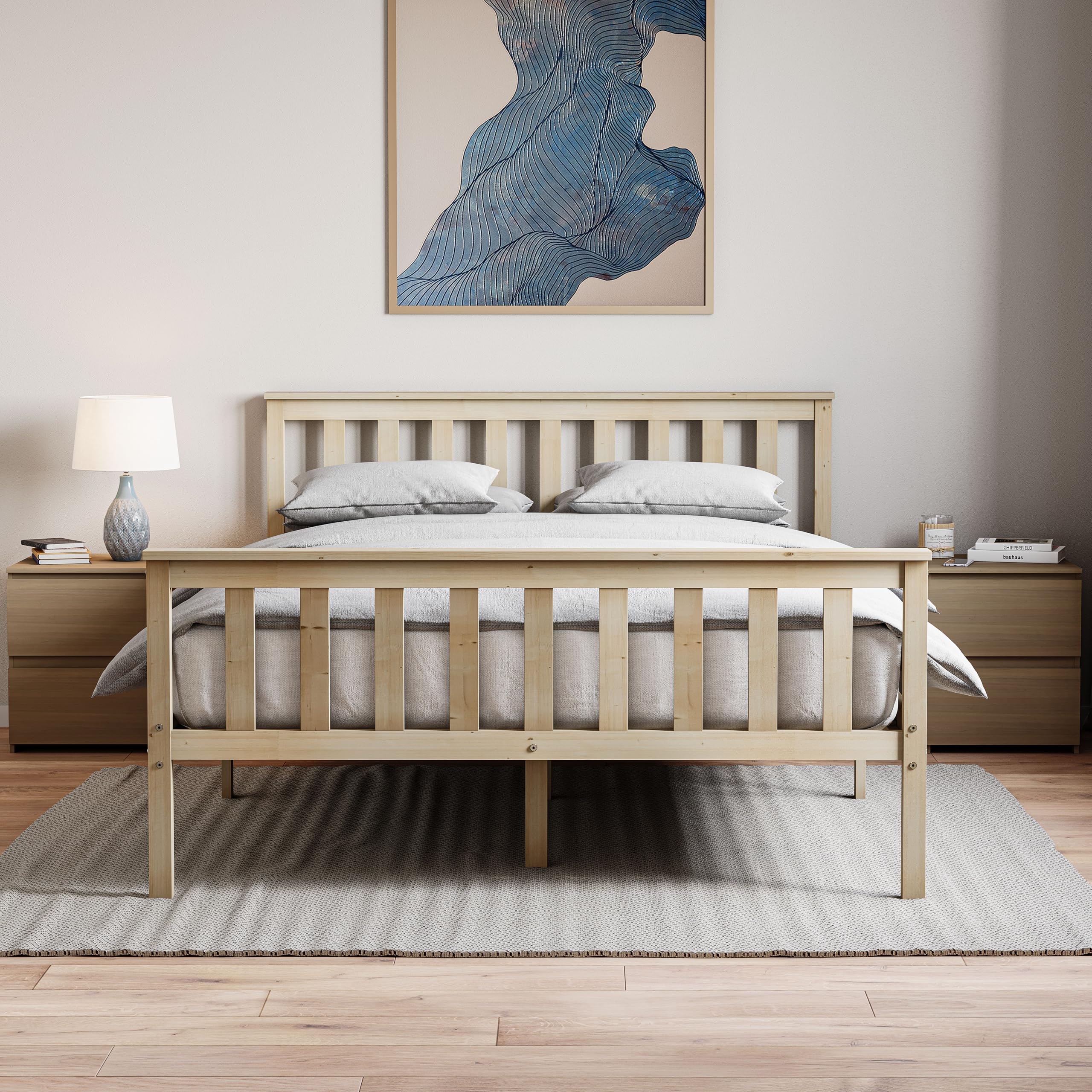 Vida Designs Milan Double Bed, 4ft6, Bed Frame, Solid Pine Wood, Headboard, High Foot End Bedroom Furniture, Pine