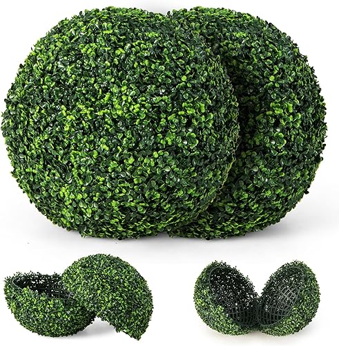 GOFLAME 2 bolas artificiales de boj de 19 pulgadas, bolas de boj decorativas, protección solar, para interiores y exteriores, decoración verde
