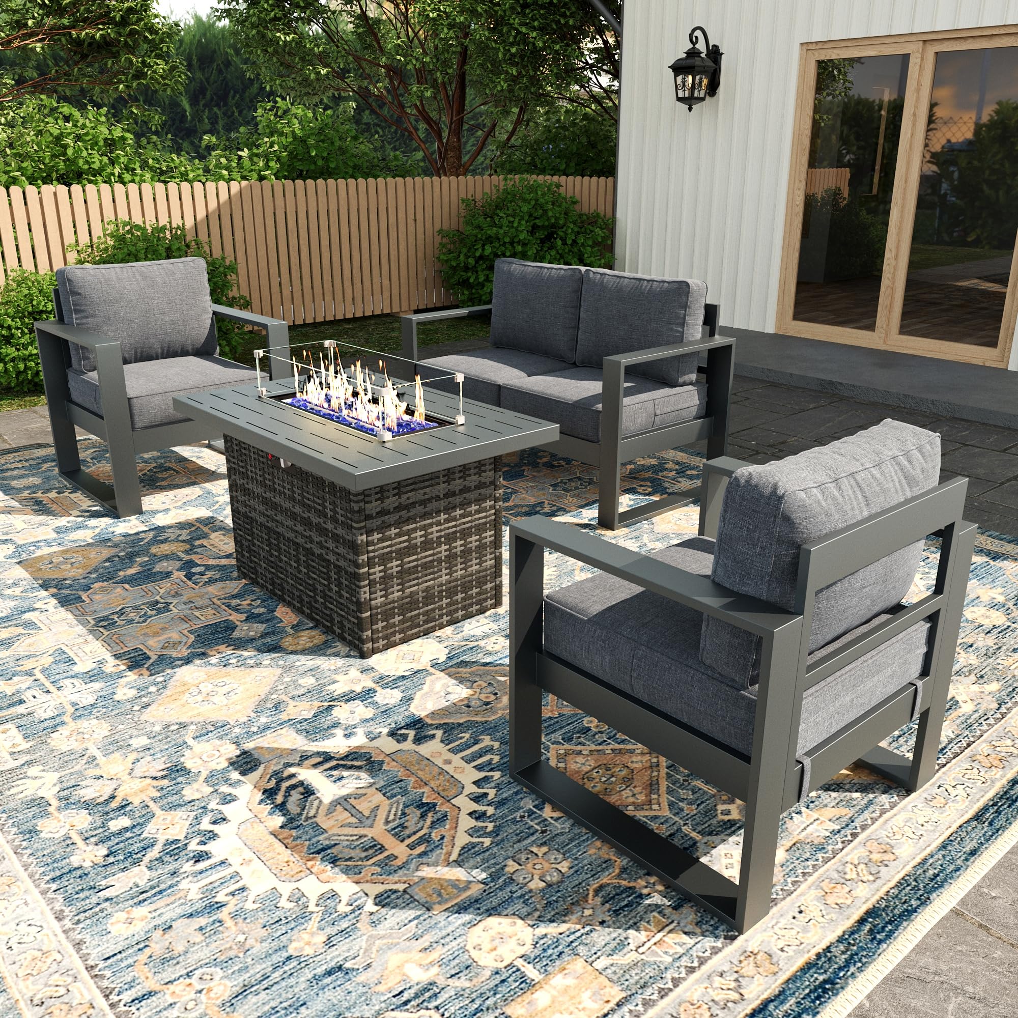 4 Piece Modern Aluminum Patio Furniture Set with Table, Outdoor Patio Sectional Conversation Metal Seating Sets with Olefin Cushion, box 1 of 2 Only
