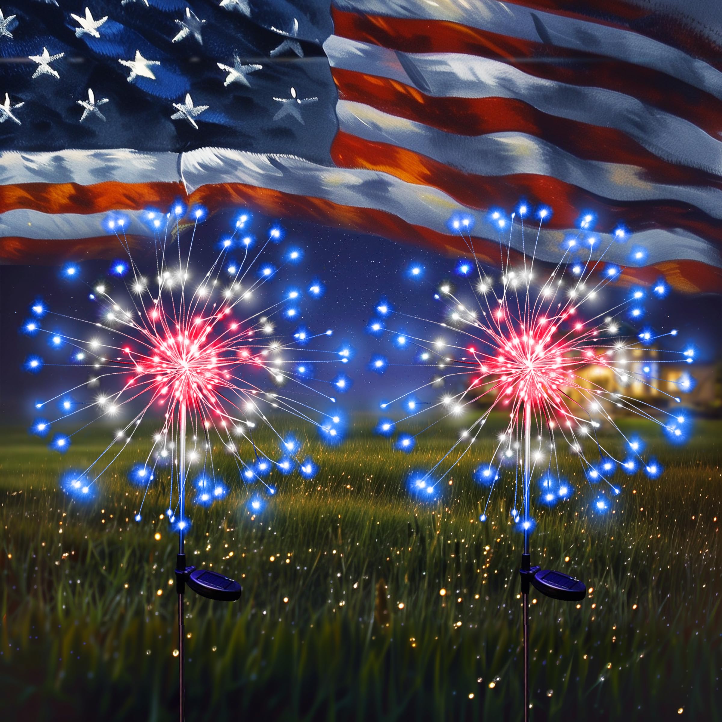 Christmas Solar Garden Firework Lights Outdoor Waterproof 2 Pack Solar Lights for Outside Decor 180 LED Sparklers String Lights Decorations (Red+White+Blue)