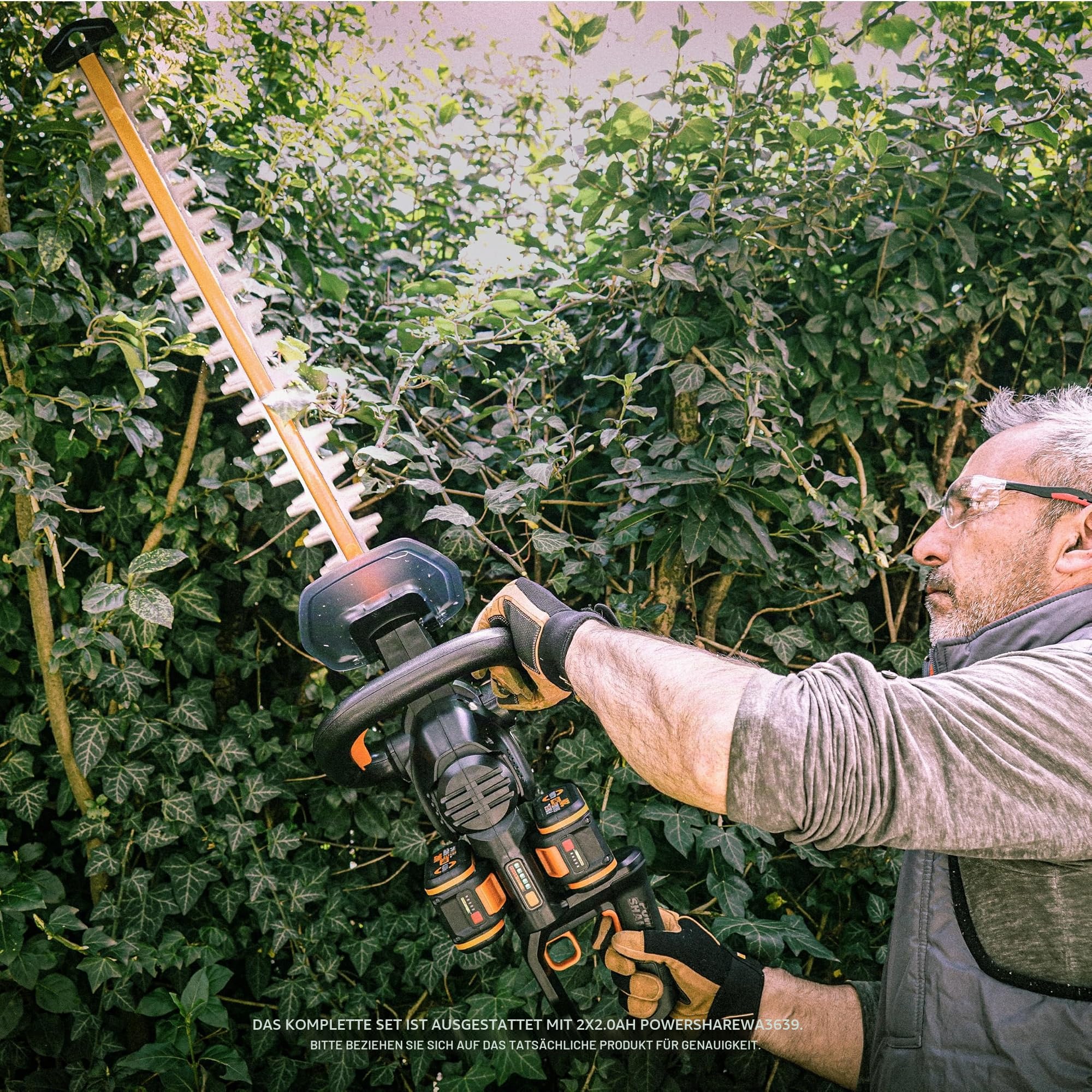 Worx WG286E 40V 61cm Akku-Brushless Heckenschere - Dual-Action lasergeschnittene Klingen, 27mm Schnittkapazität, 180° drehbarer Griff, inklusive 2X 2,0Ah Akkus & Ladegerät