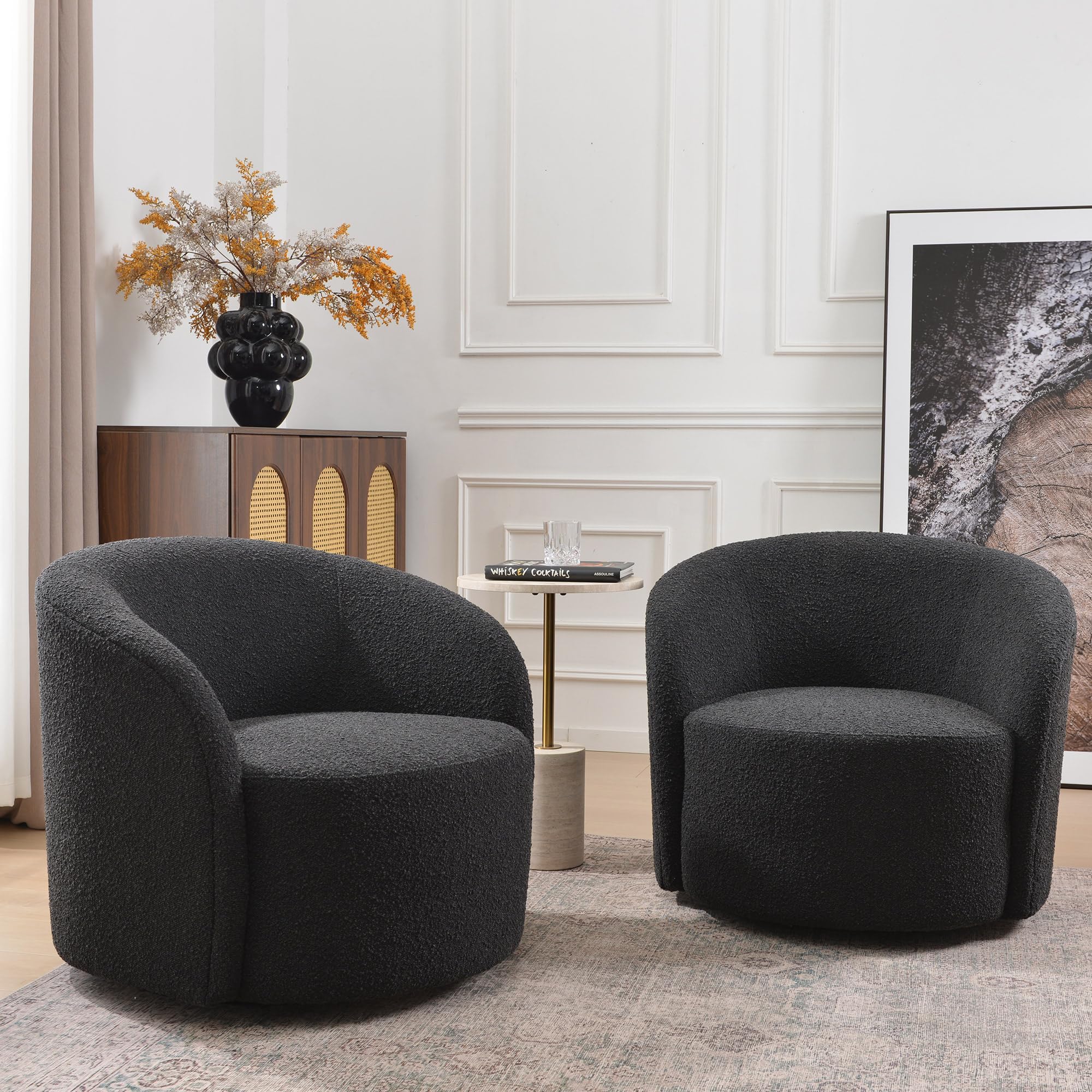 KINWELL 34" W Swivel Barrel Chair Set of 2, Mid Century Modern Round Upholstered Boucle Swivel Accent Chairs, No Assembly Sofa Chair for Living Room