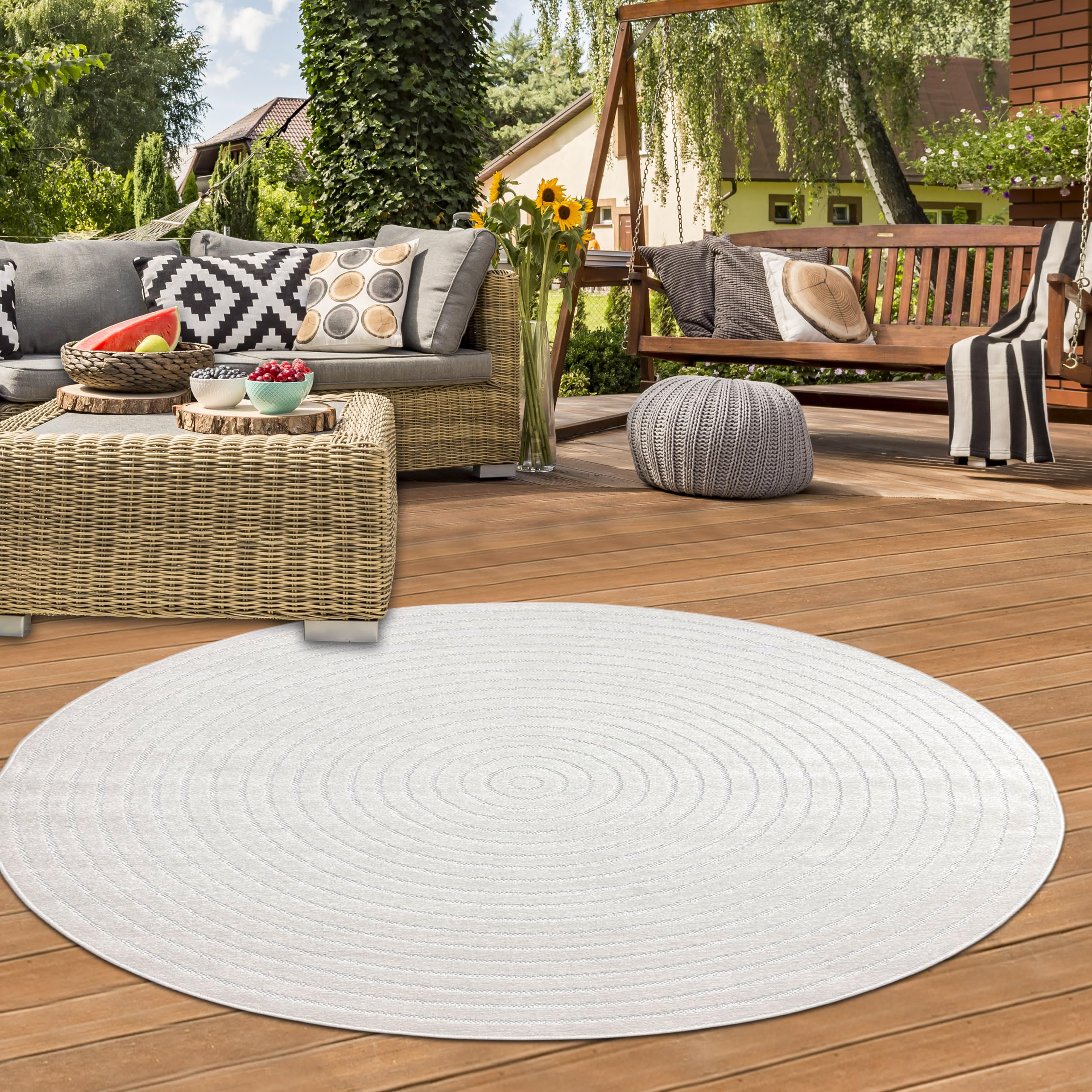 Teppich-Traum Tapis Intérieur et Extérieur résistant aux intempéries pour Balcon terrasse Salon de Haute qualité Moderne et Facile à Entretenir crème diamètre 160 cm