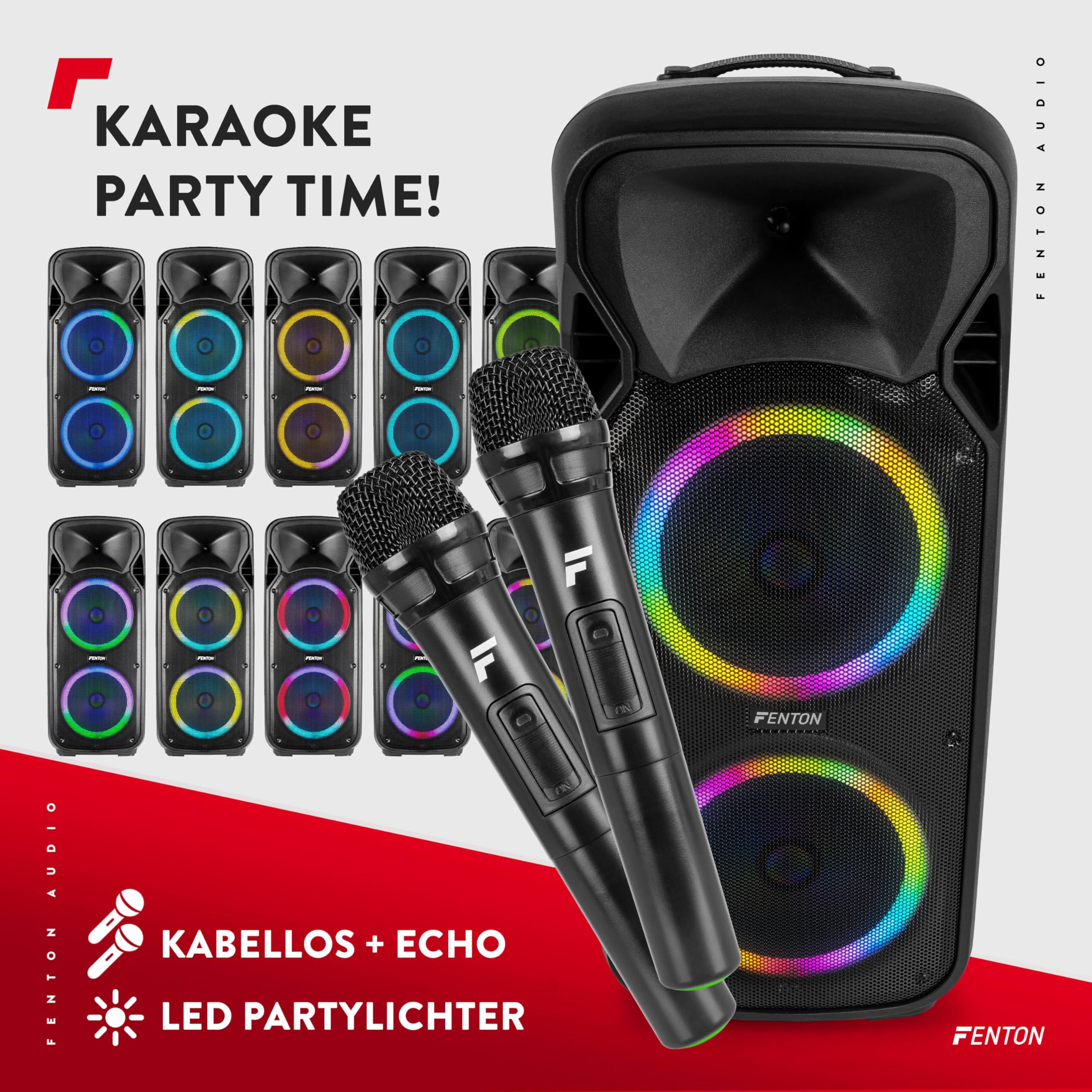 Fenton FT212LED MK2, Partybox Bluetooth Lautsprecher Groß 1400W, Musikbox Bluetooth Groß, 15" LED Subwoofer, Mikrofon, Akku- Netzbetrieb, AUX Eingang, USB Media-Player, Stereo-Pairing, Party Box