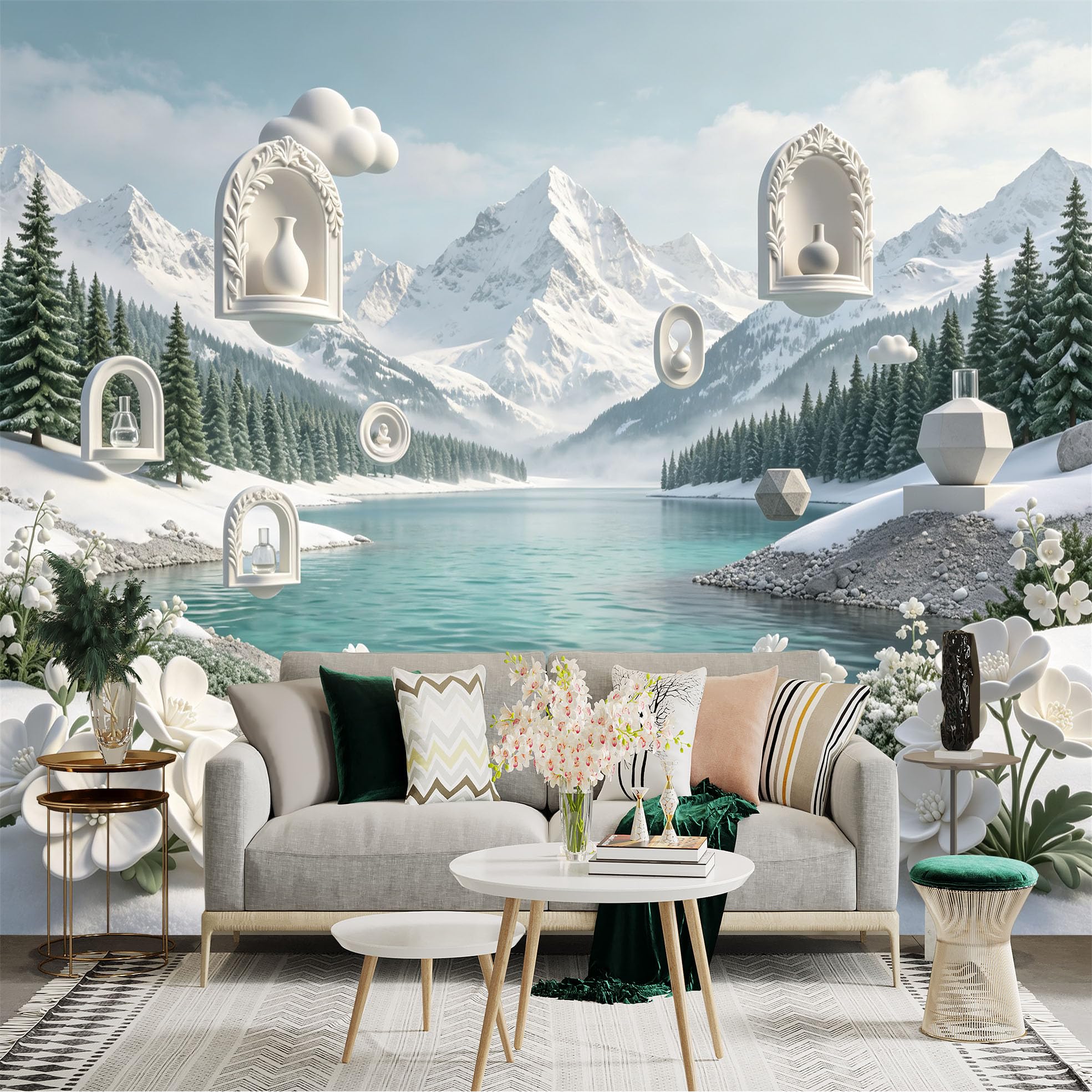 Lnzczhyre Bh260719539 Custom Size Wall Sticker Mural， Snowy Mountain Lake， Floating White Frames， Zen Decor， Alpine Scenery， For Wall Decoration， Peelandstick Wall Decals.
