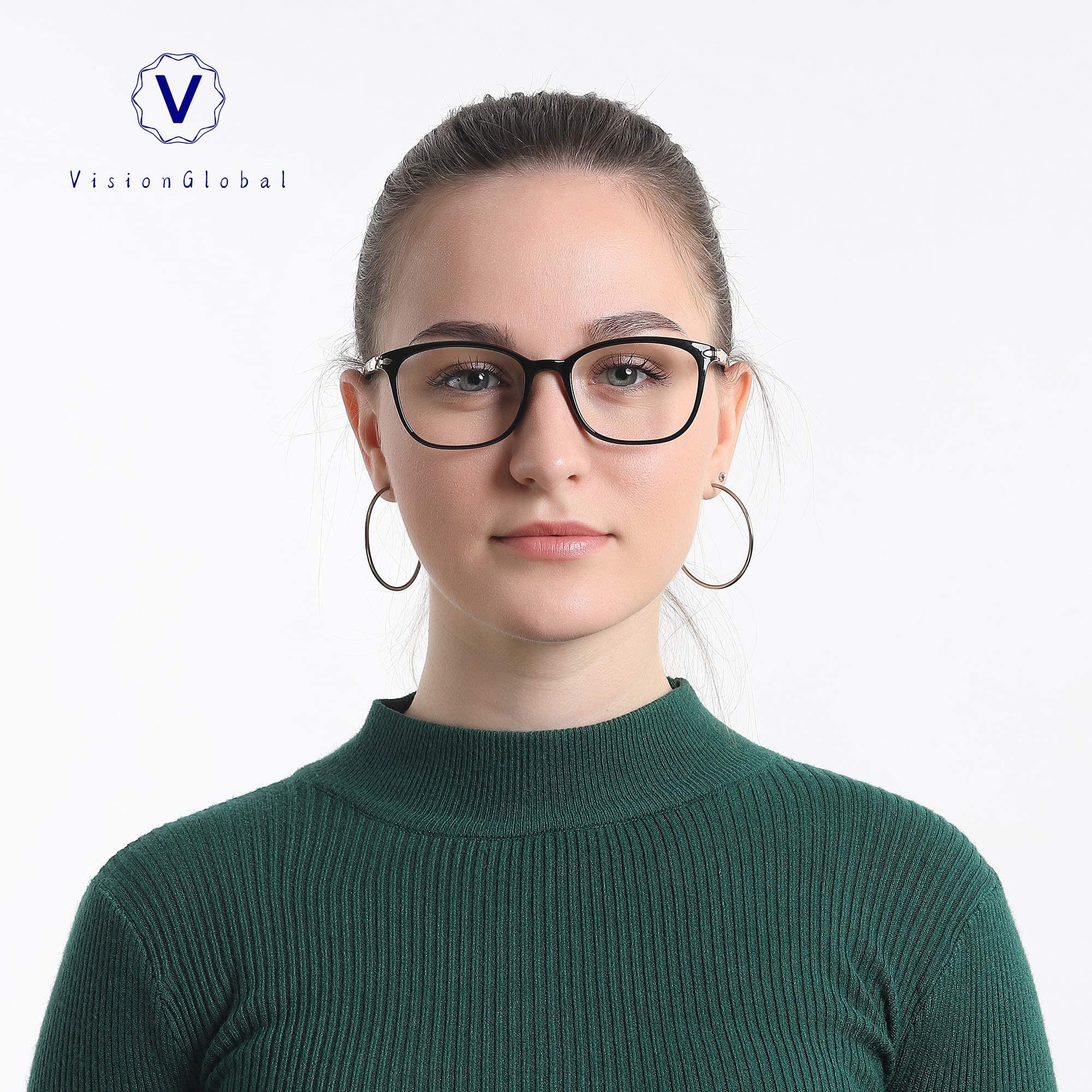 VisionGlobal Blaulichtblocker-Brille für Damen/Herren, Anti-Augenbelastung, Computerlesen, Fernsehbrille, stilvoller quadratischer Rahmen, blendfrei (Schwarz, keine Vergrößerung)