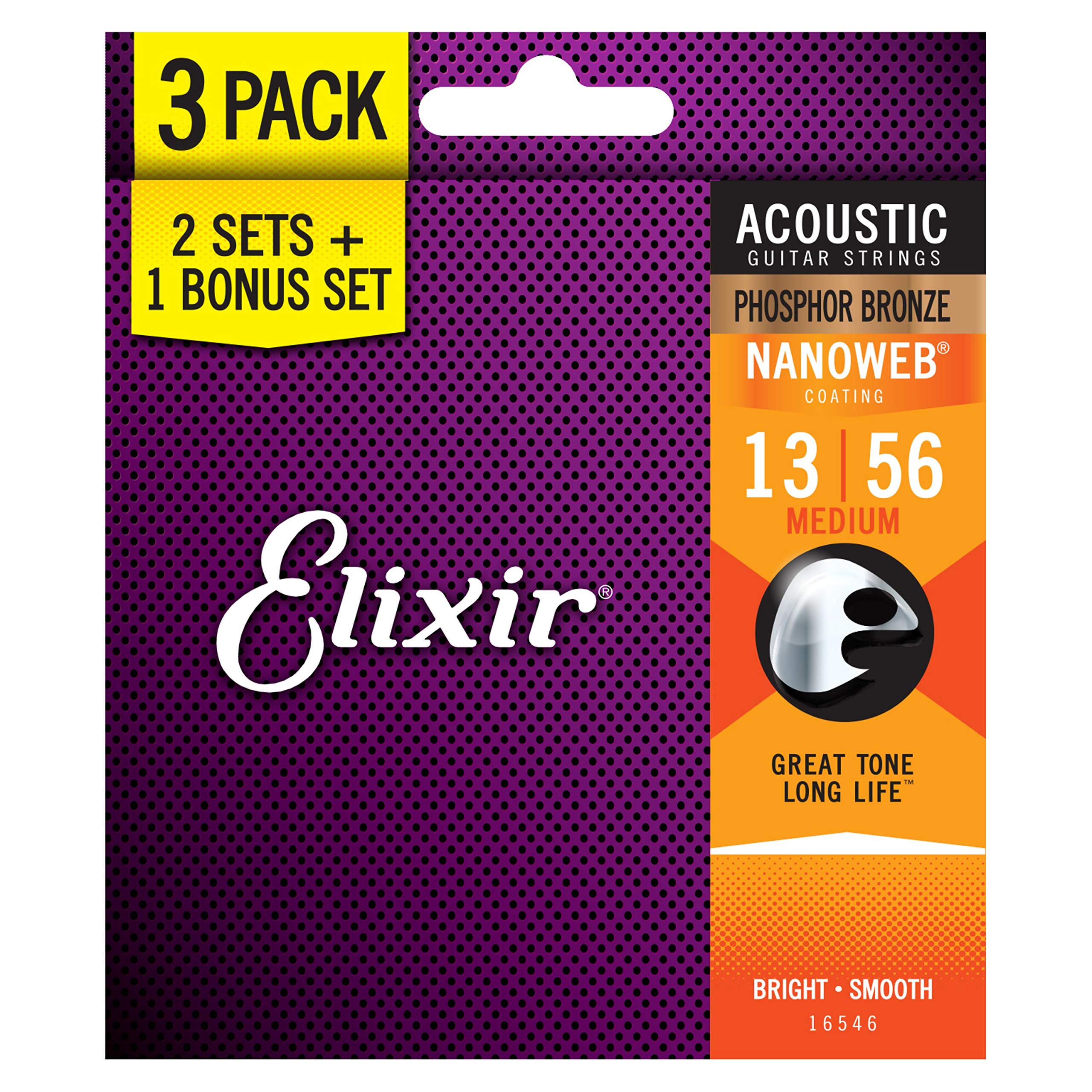 Elixir 16546 Phosphor Bronze Nanoweb Medium Acoustic Strings 13-56 (3-Pack) - Corde per chitarra acustica