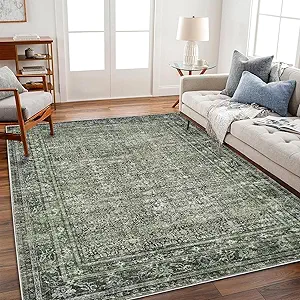 Area Rug 6'x9' Washable Vintage Traditional Floor Cover Thin Retro Kitchen Indoor Distressed Non Slip Carpet for Living Room Bedroom Dining Room