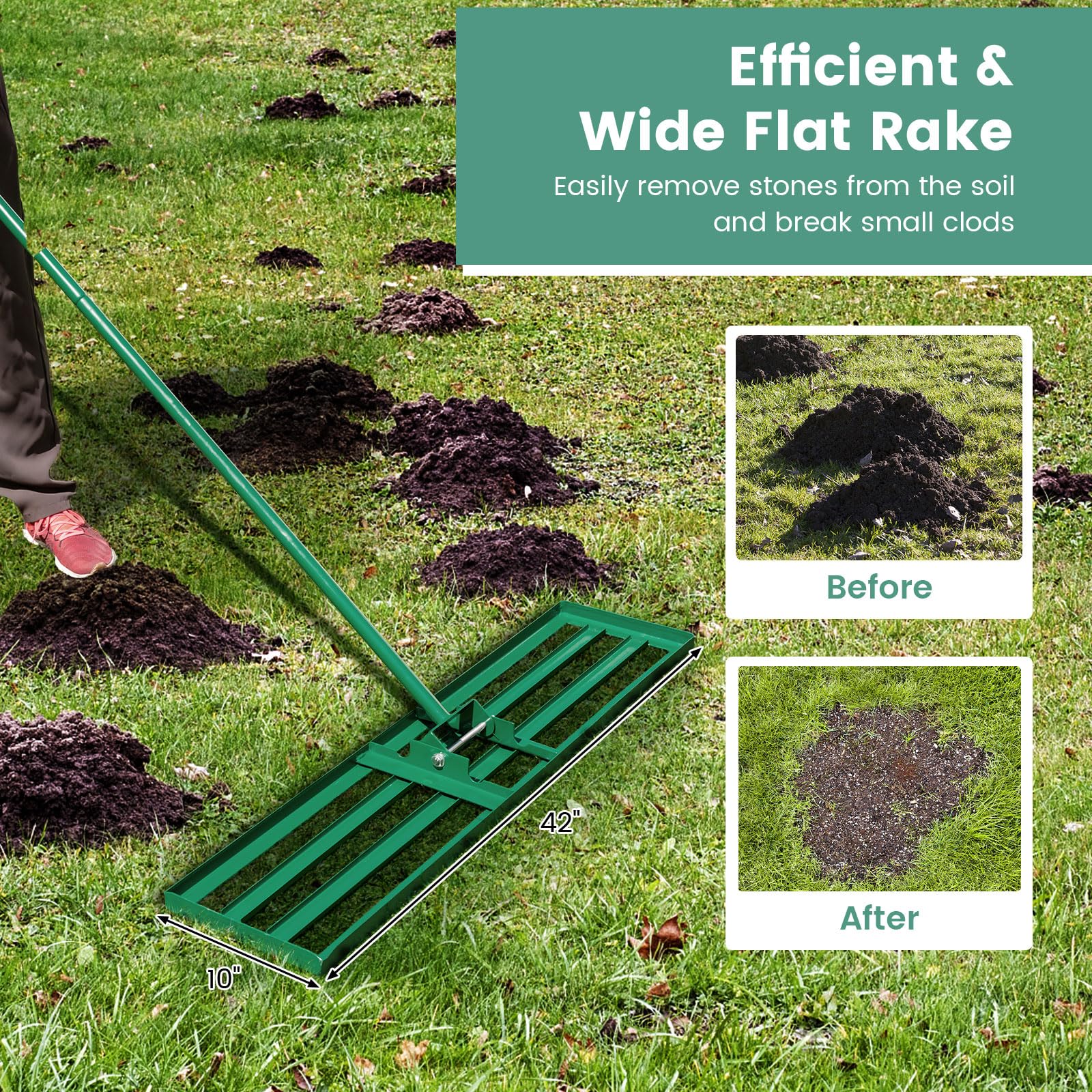 FANTASK Rastrello per il livellamento del prato, con impugnatura ergonomica, raschietto per prato, rastrello per giardino, golf e cortile (verde, 106 cm x 25 cm)