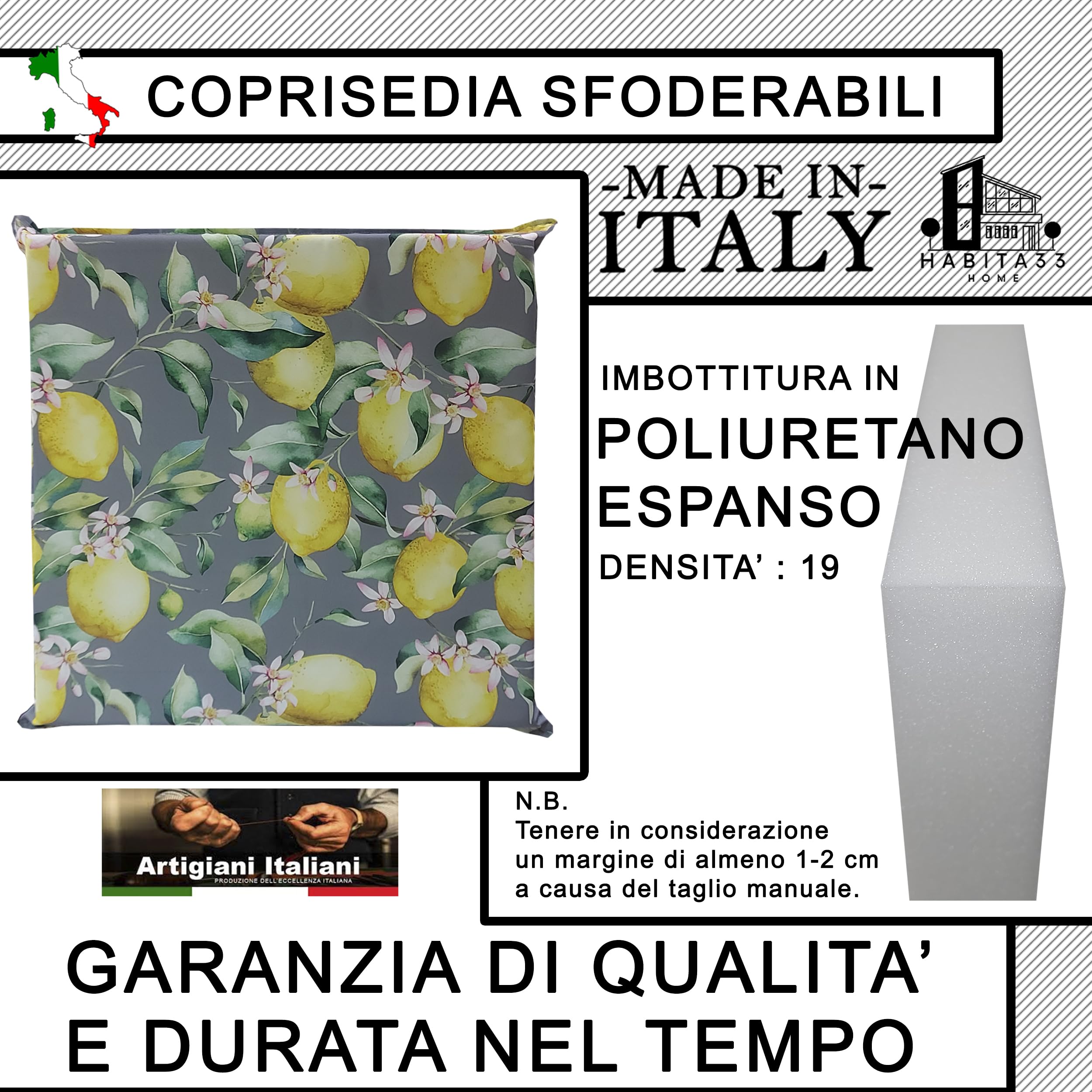 Cojines para Sillas de Jardín – Set de 4 (50x50x8 cm) – Fundas con Cremallera Desenfundables y Lavables – Asiento Cómodo para Exteriores – Fabricación Italiana (4, Lemon Flower)