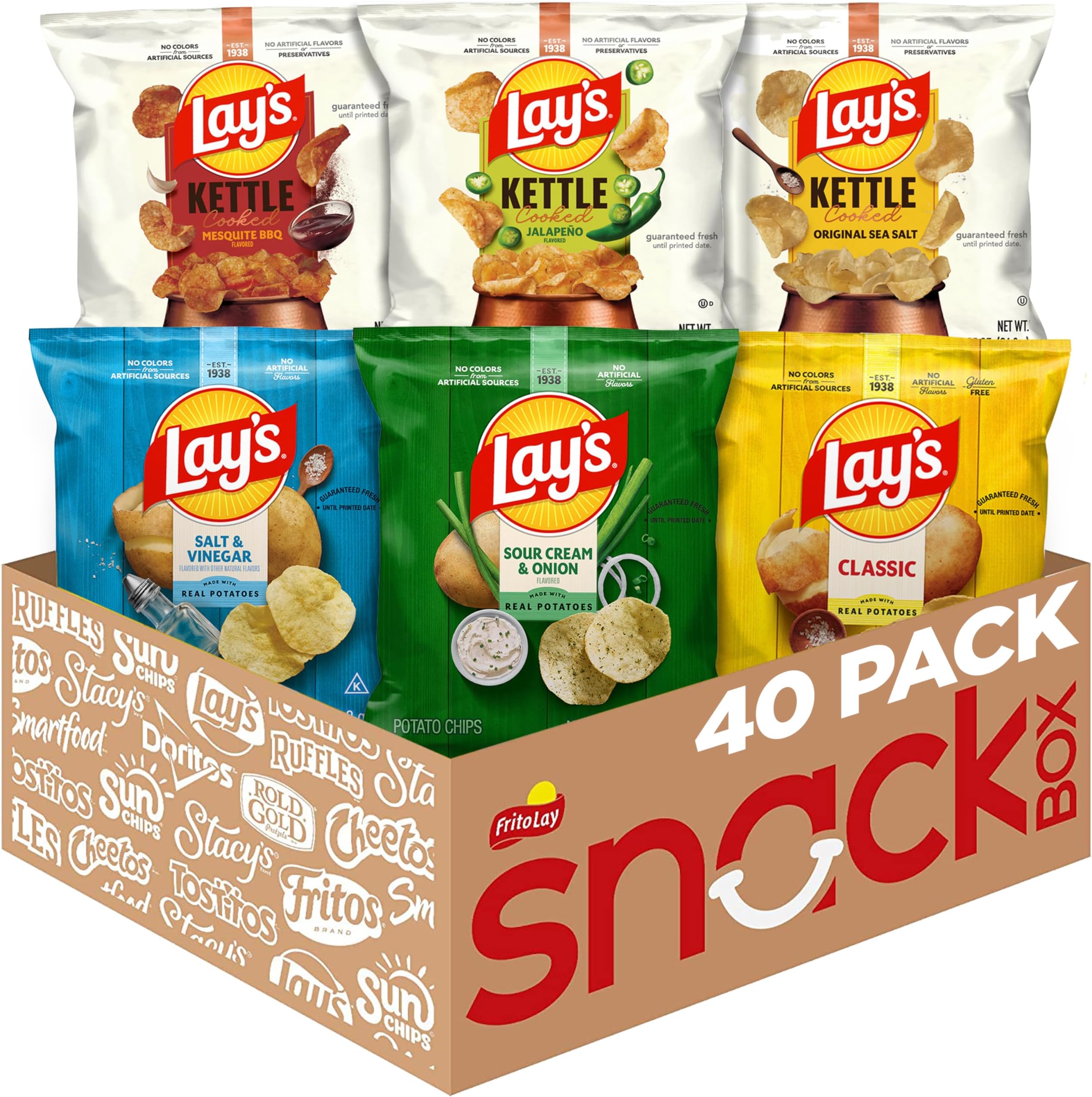 Lay's Potato Chips, Regular & Kettle Cooked Variety Pack, Single Serve Bags, (40 Pack) (Packaging and Formula May Vary)