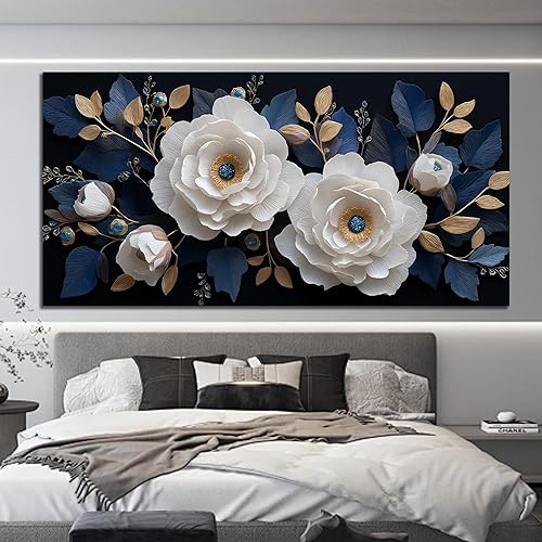 Miniatura 4 de Trogonup Lienzo decorativo de pared con flores blancas y azules para dormitorio, decoración de pared botánica dorada moderna para sala de estar,