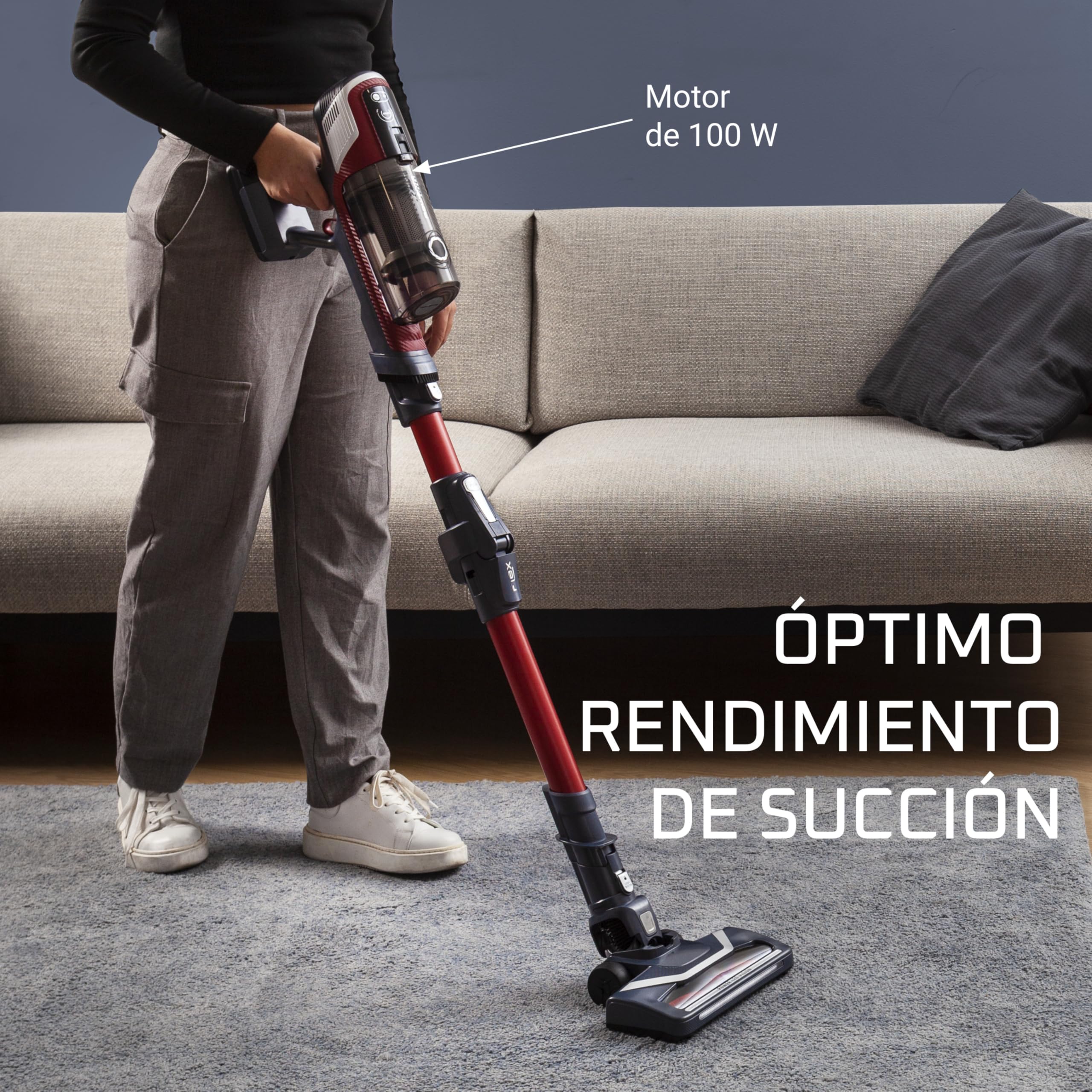 Rowenta XPert 6.60 Flex, Aspiradora escoba sin cable, Con 3 funciones en 1, Autonomía de 45 minutos, Batería de litio, Tubo flexible, Fácil acceso diferentes superficies, Color Negro/Rojo, RH6471