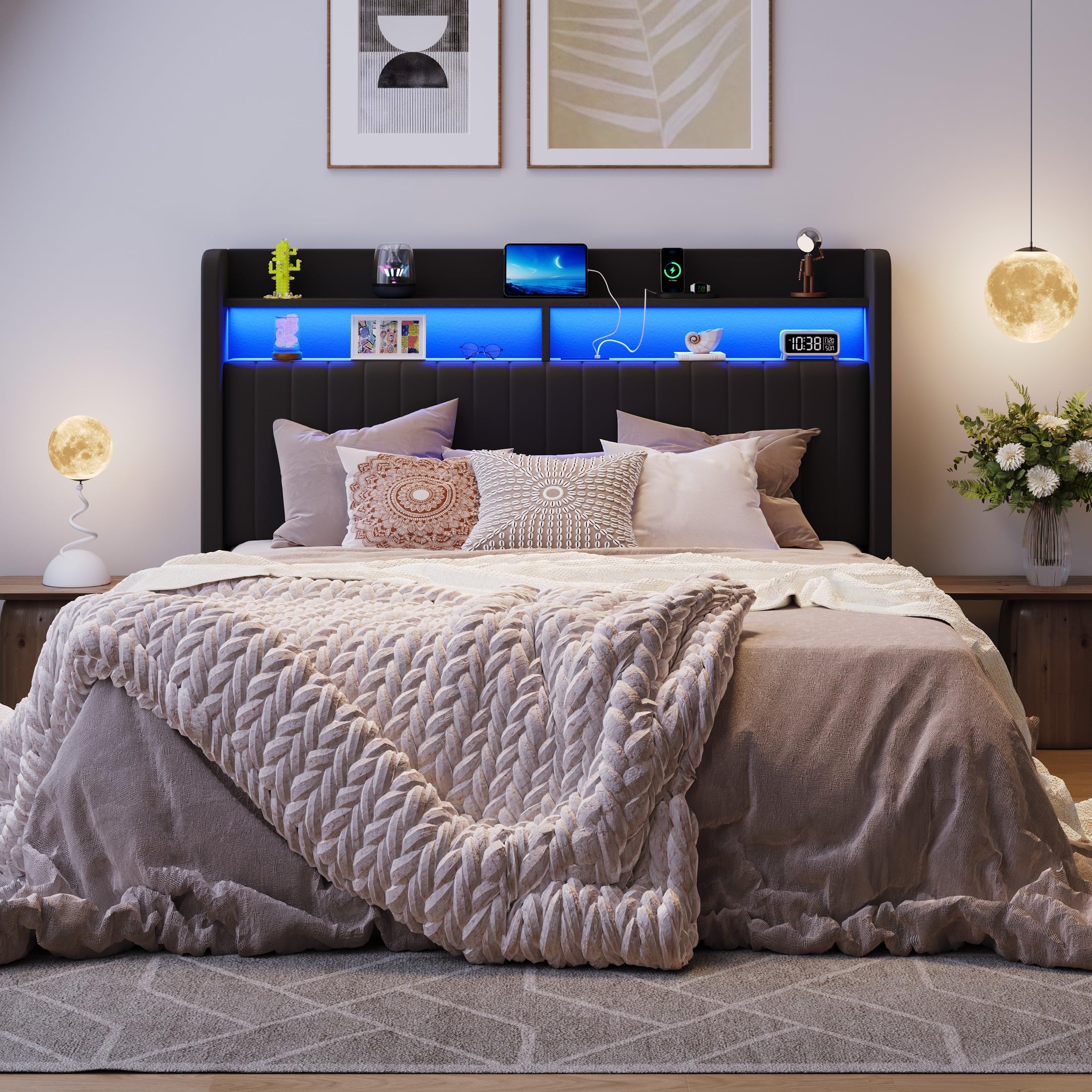 queen size lift up storage bed frame/led lights/charging station/2-tier shelves headboard/usb,type-c ports/velvet upholstered/hydraulic support/no box spring needed/noise free/black