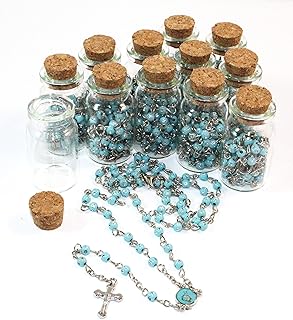 12 Bible Rosary in Glass Jar Bottle Beads Beaded Blue and Silver Catholic Crucifix Necklace Lot Holy