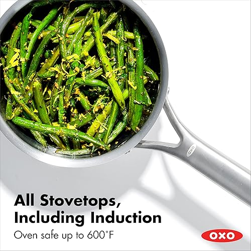 Miniatura 5 de OXO Mira - Juego de sartenes de chef de acero inoxidable de tres capas, 1.5 cuartos de galón y 3.57 cuartos de galón con tapas, sin PFAS