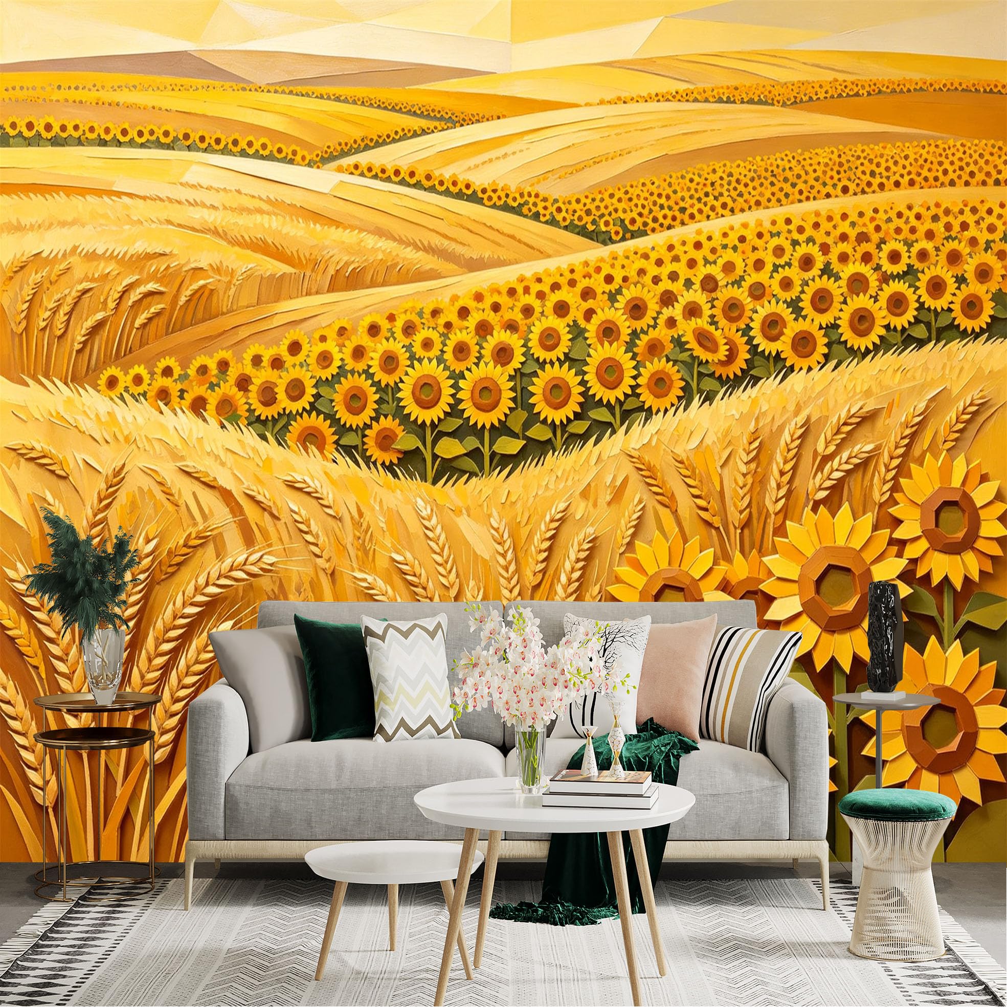 Lnzczhyre Dbh260521924 Custom Size Wall Sticker Mural， Golden Wheat Field With Blooming Sunflowers， Rustic Farm Landscape， For Wall Decoration， Peelandstick Wall Decals.